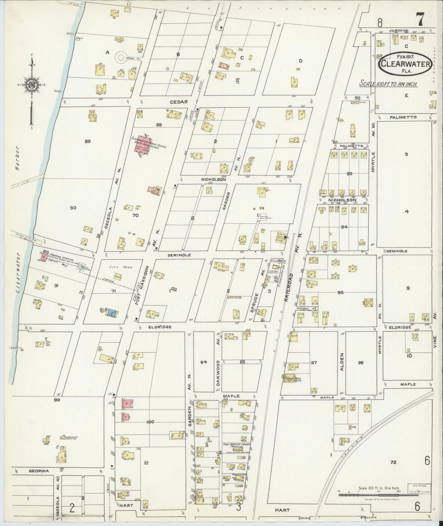 Sanborn Fire Insurance Map from Clearwater, Pinellas County, Florida (1917), Sheet #0007 - Complete Map Set gallery image, historic Sanborn map, vintage wall art, Florida Florida