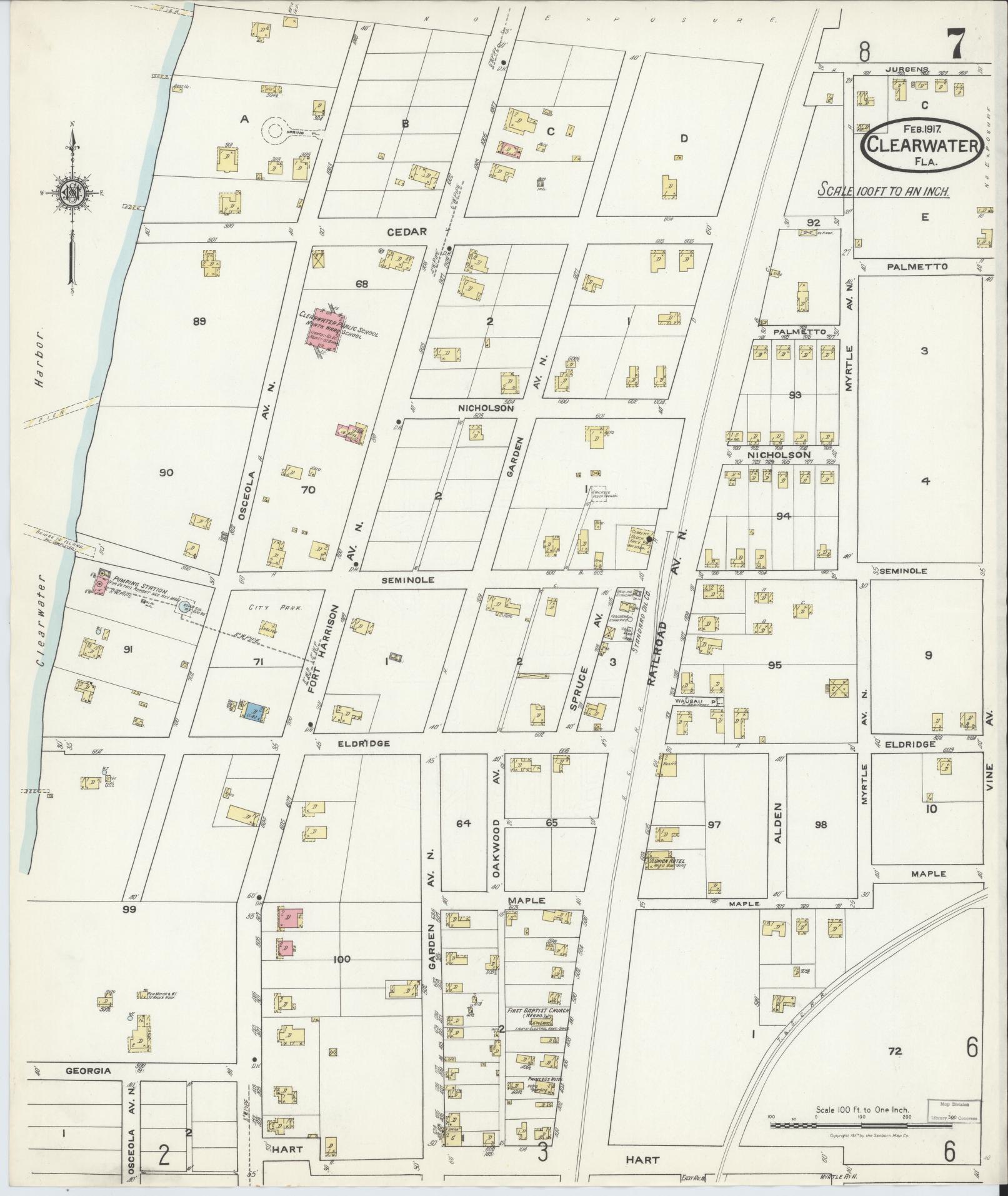 Sanborn Fire Insurance Map from Clearwater, Pinellas County, Florida (1917), Sheet #0007 - Complete Map Set gallery image, historic Sanborn map, vintage wall art, Florida Florida