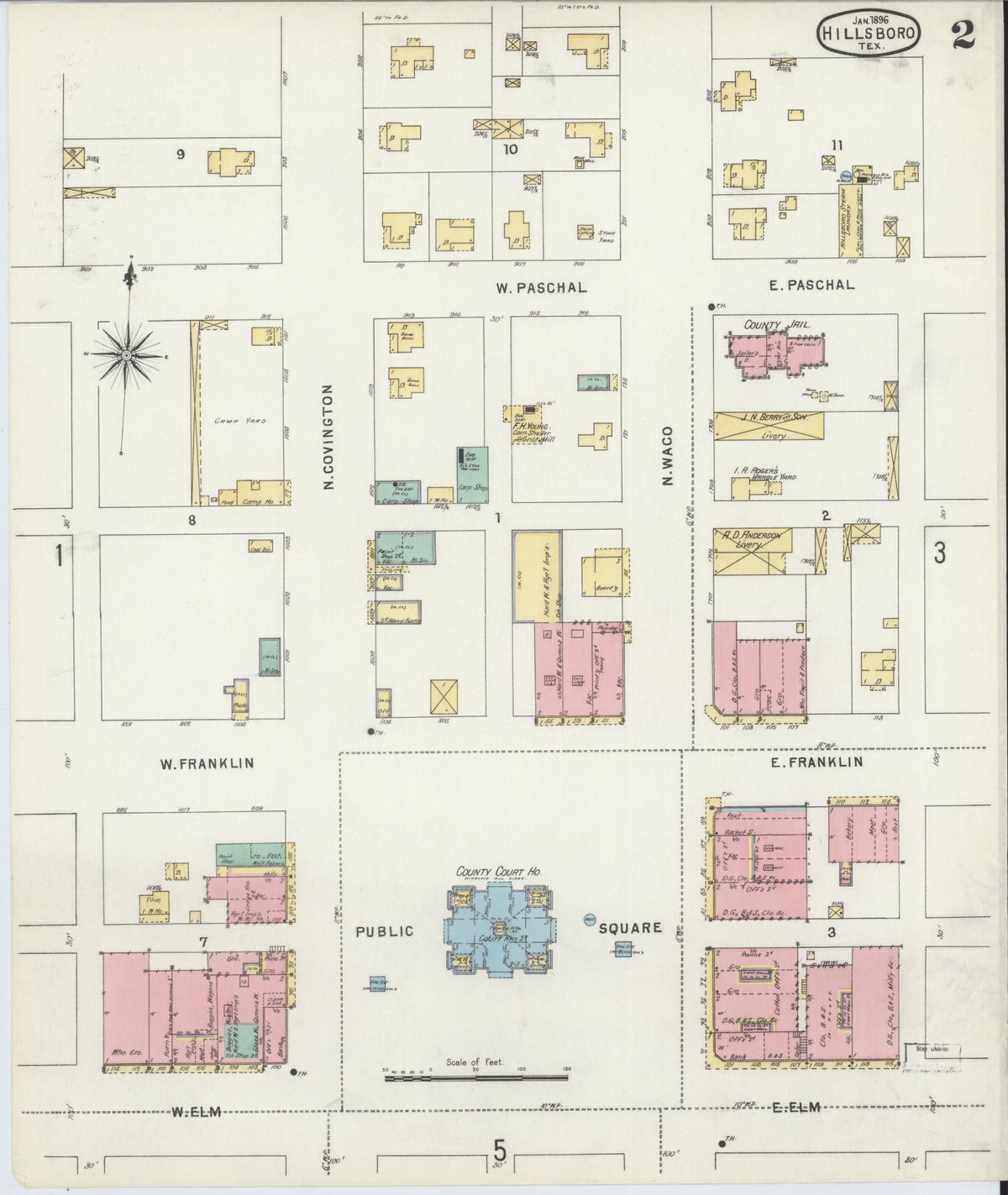 Sanborn Fire Insurance Map from Hillsboro, Hill County, Texas (1896), Sheet #0002 - Complete Map Set gallery image, historic Sanborn map, vintage wall art, Texas Texas