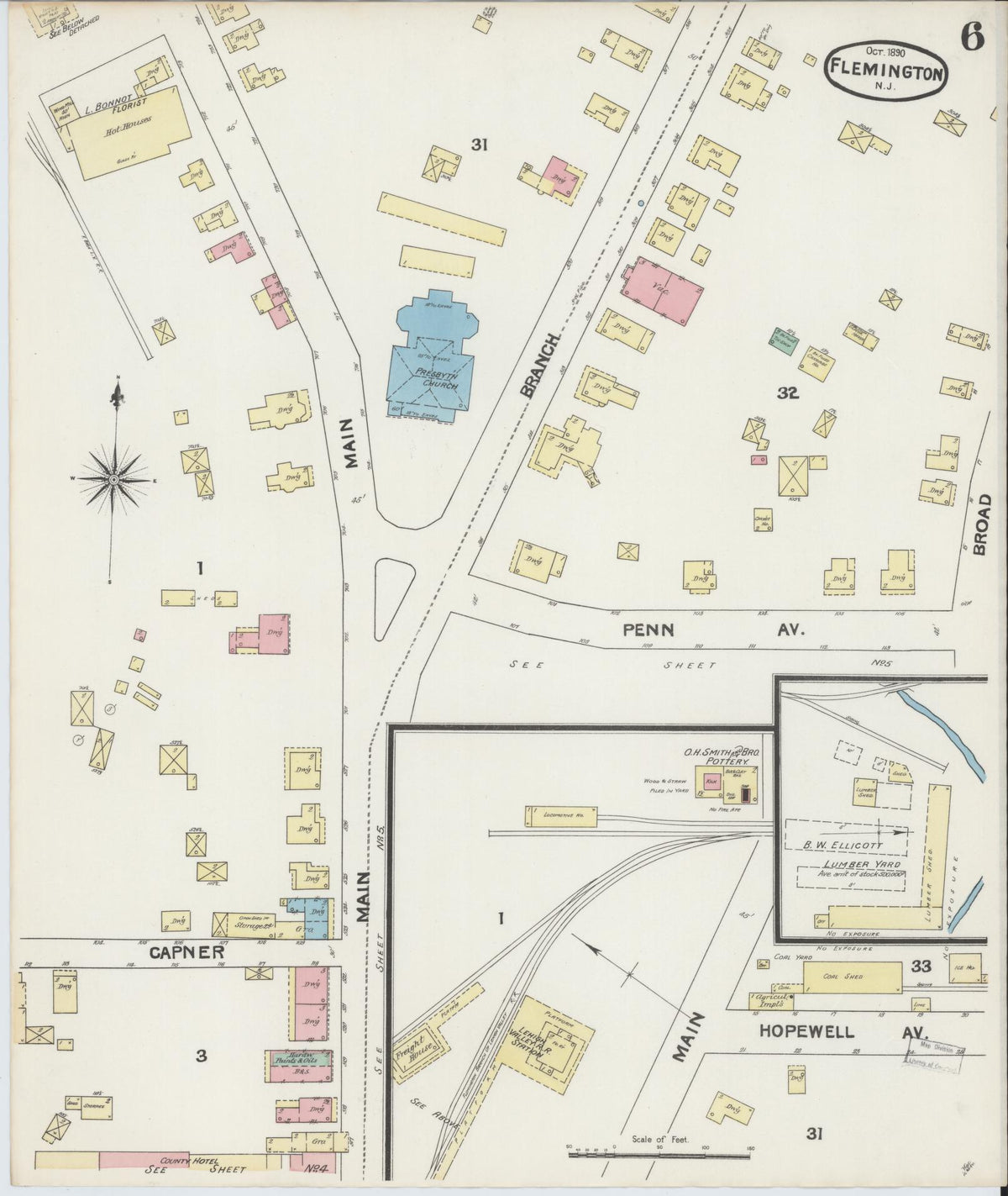 Sanborn Fire Insurance Map from Flemington, Hunterdon County, New Jersey (1890), Sheet #0006 - Complete Map Set gallery image, historic Sanborn map, vintage wall art, New Jersey New Jersey