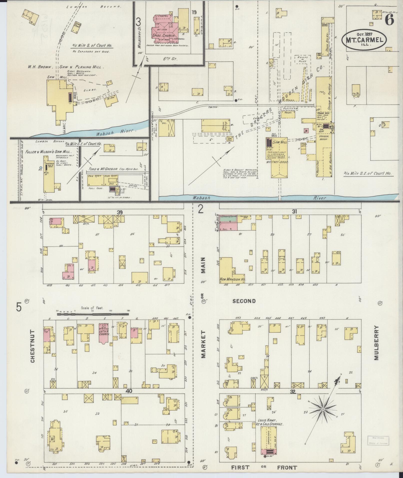 Sanborn Fire Insurance Map from Mount Carmel, Wabash County, Illinois (1897), Sheet #0006 - Complete Map Set gallery image, historic Sanborn map, vintage wall art, Illinois Illinois