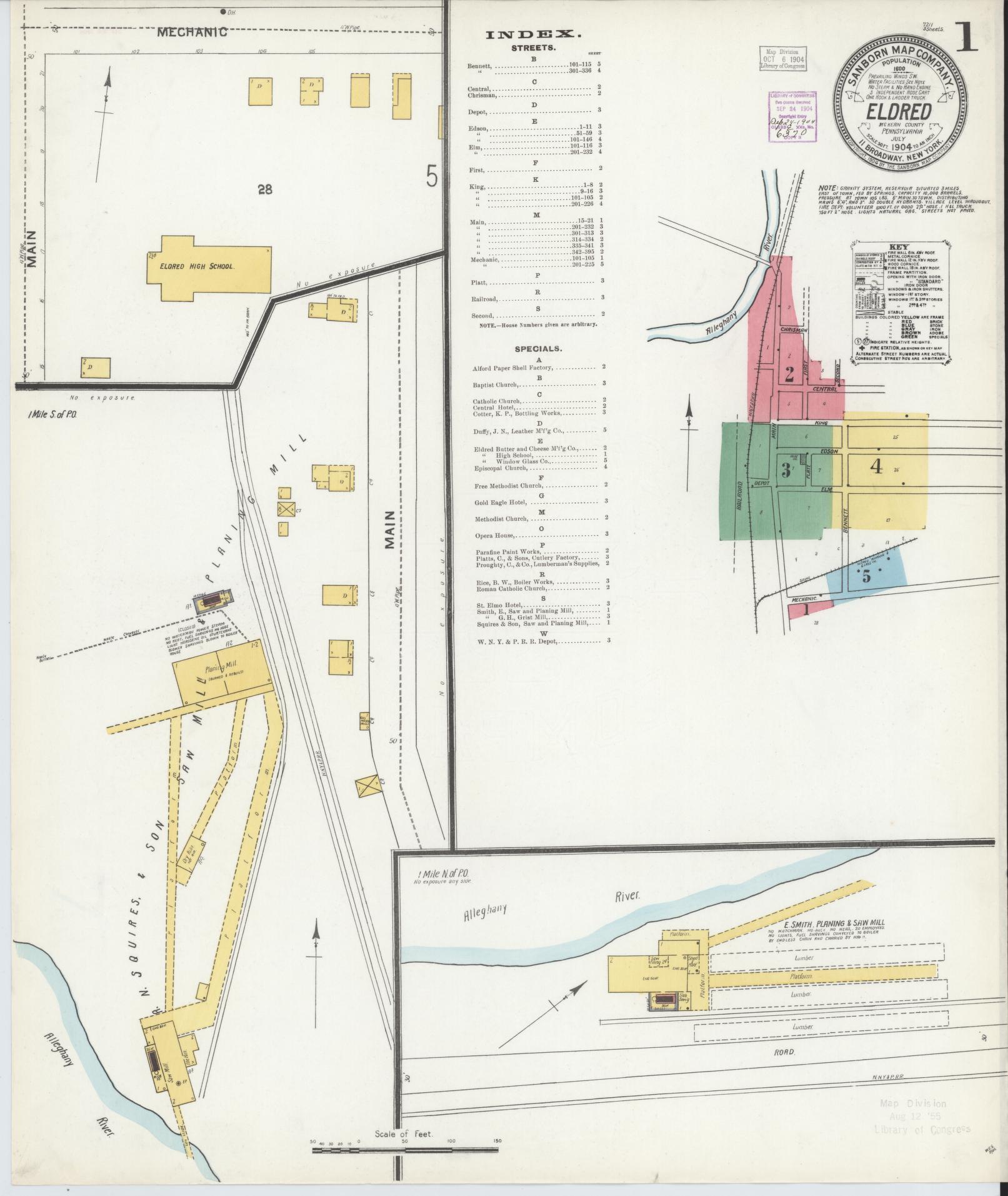 Sanborn Fire Insurance Map from Eldred, McKean County, Pennsylvania (1904), Sheet #0001 - Historic Sanborn Fire Insurance Map Print, vintage old map wall art, antique decor, genealogy gift, Pennsylvania Pennsylvania map