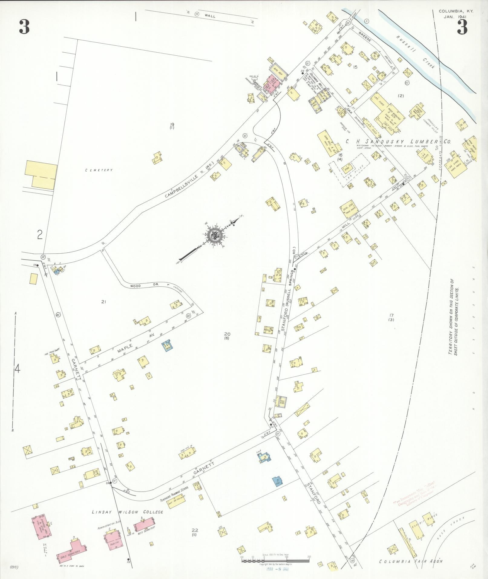 Sanborn Fire Insurance Map from Columbia, Adair County, Kentucky (1941), Sheet #0003 - Historic Sanborn Fire Insurance Map Print, vintage old map wall art, antique decor, genealogy gift, Kentucky Kentucky map