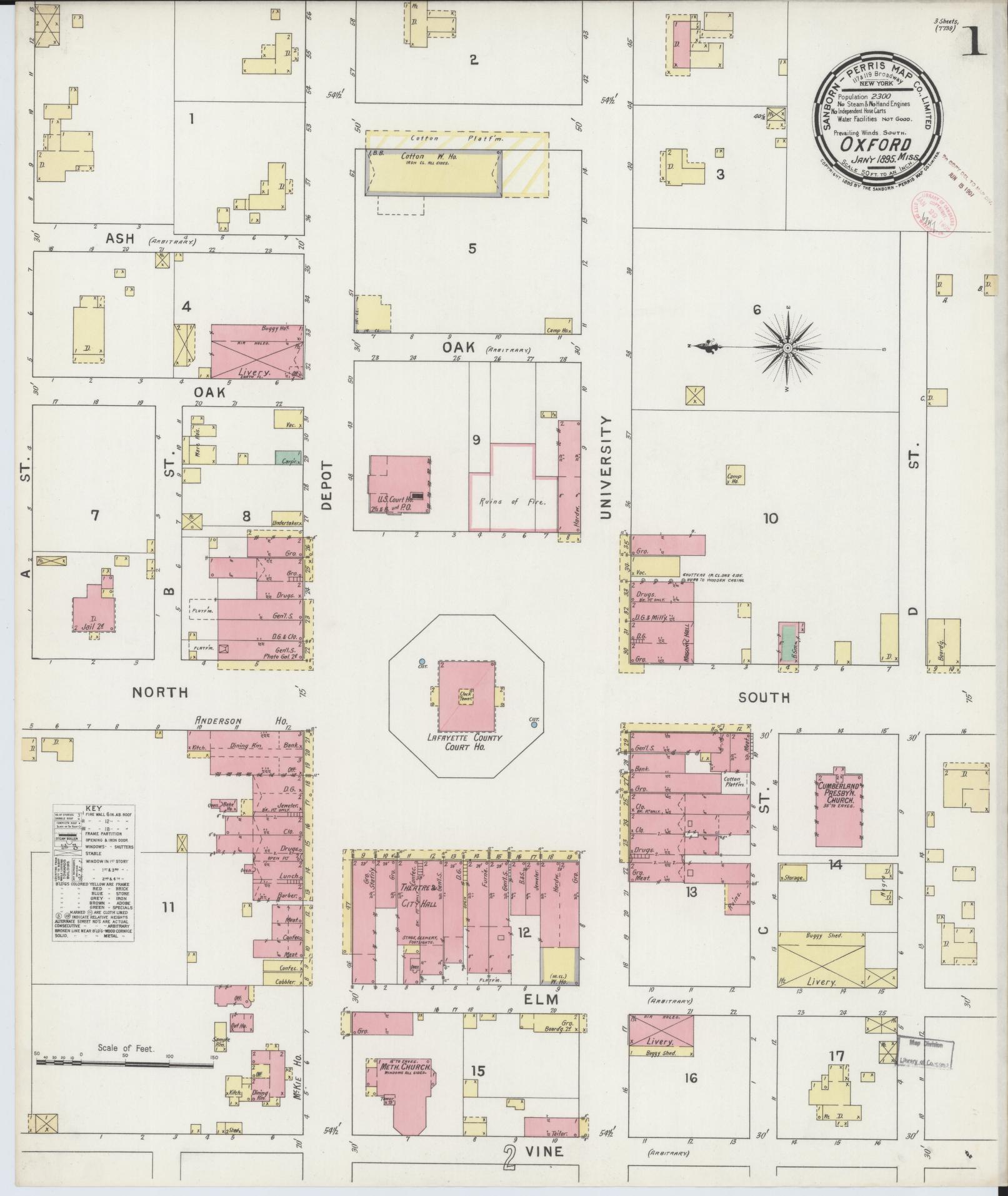 Sanborn Fire Insurance Map from Oxford, Lafayette County, Mississippi (1895), Sheet #0001 - Complete Map Set gallery image, historic Sanborn map, vintage wall art, Mississippi Mississippi
