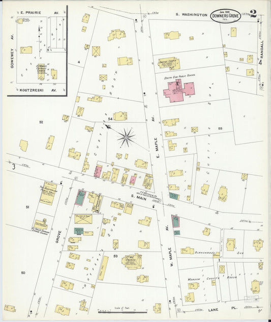 Sanborn Fire Insurance Map from Downers Grove, Dupage County, Illinois (1909), Sheet #0002 - Historic Sanborn Fire Insurance Map Print, vintage old map wall art, antique decor, genealogy gift, Illinois Illinois map