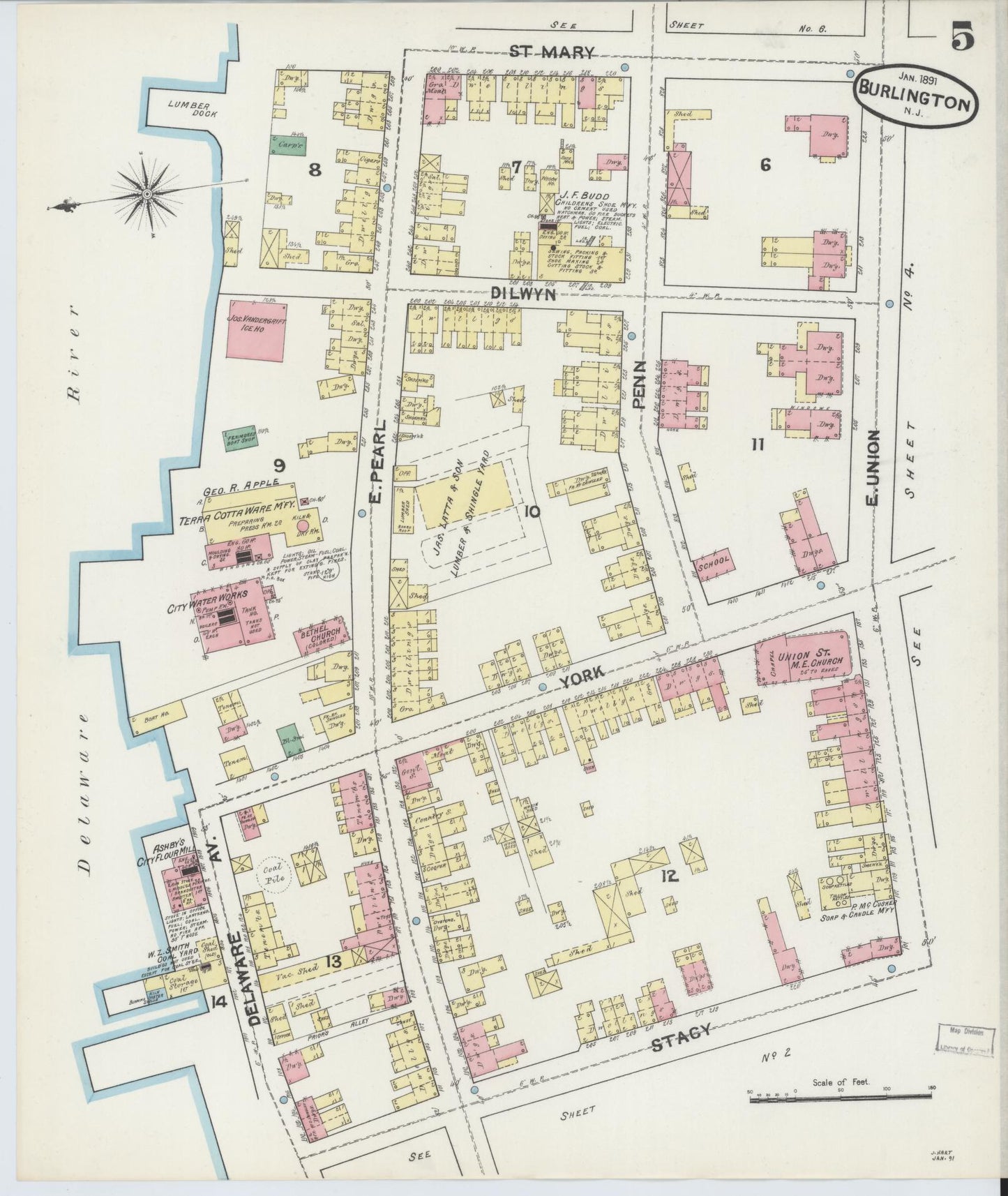 Sanborn Fire Insurance Map from Burlington, Burlington County, New Jersey (1891), Sheet #0005 - Historic Sanborn Fire Insurance Map Print, vintage old map wall art, antique decor, genealogy gift, New Jersey New Jersey map