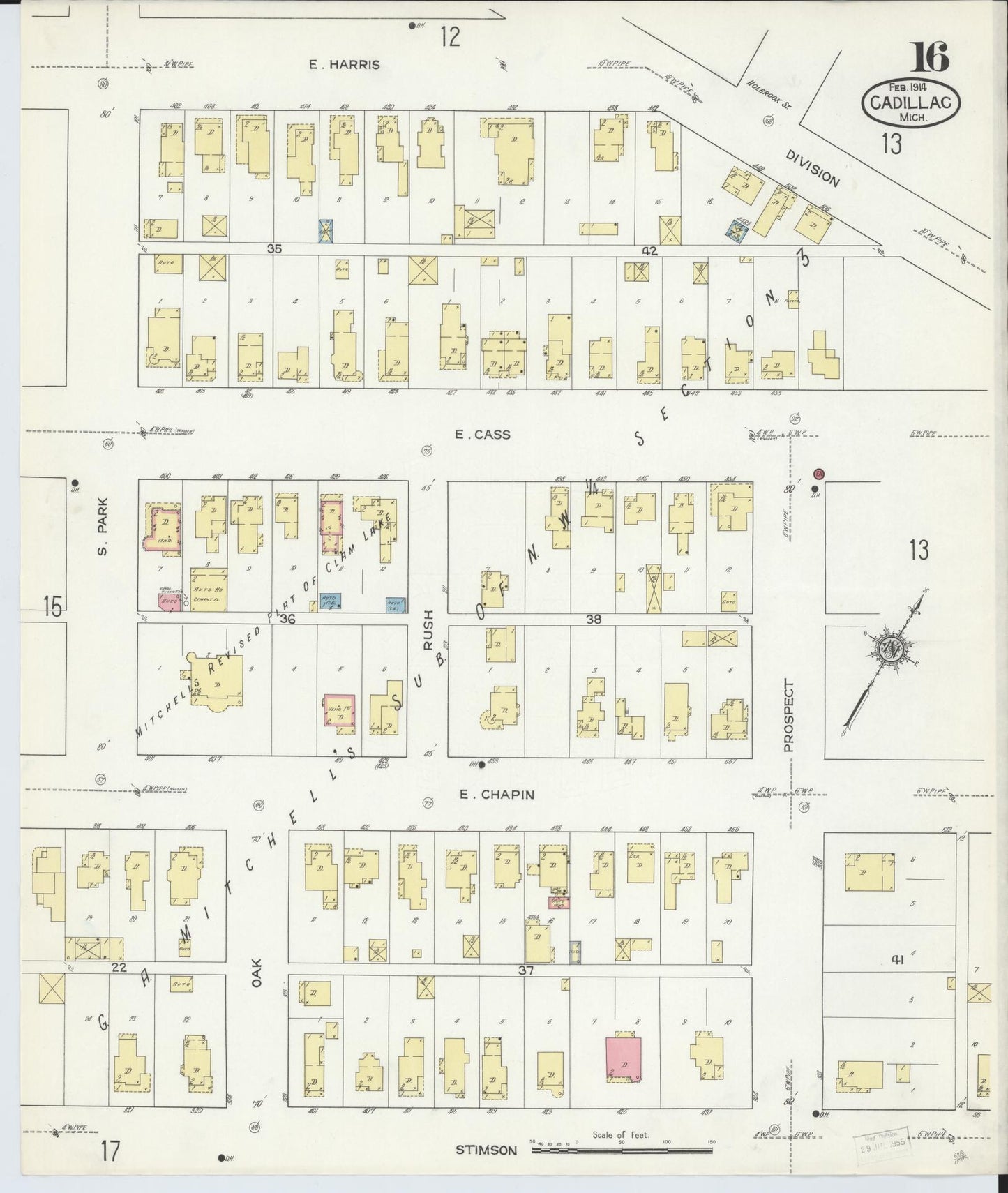 Sanborn Fire Insurance Map from Cadillac, Wexford County, Michigan (1914), Sheet #0016 - Historic Sanborn Fire Insurance Map Print, vintage old map wall art, antique decor, genealogy gift, Michigan Michigan map