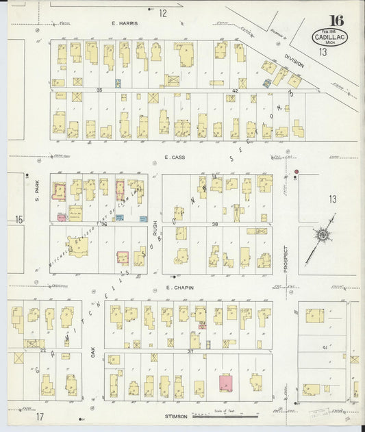 Sanborn Fire Insurance Map from Cadillac, Wexford County, Michigan (1914), Sheet #0016 - Historic Sanborn Fire Insurance Map Print, vintage old map wall art, antique decor, genealogy gift, Michigan Michigan map