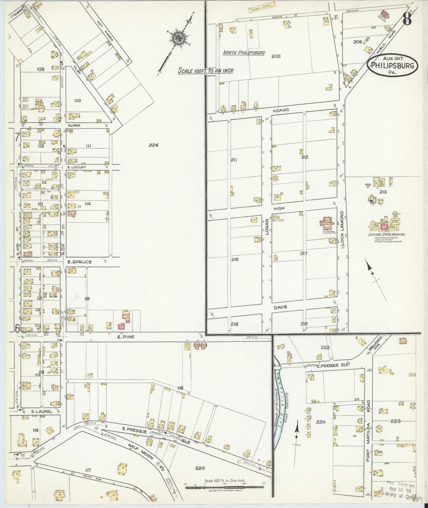 Sanborn Fire Insurance Map from Philipsburg, Centre County, Pennsylvania (1917), Sheet #0008 - Historic Sanborn Fire Insurance Map Print, vintage old map wall art, antique decor, genealogy gift, Pennsylvania Pennsylvania map