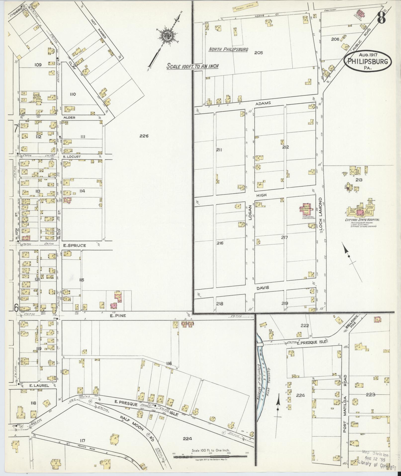 Sanborn Fire Insurance Map from Philipsburg, Centre County, Pennsylvania (1917), Sheet #0008 - Historic Sanborn Fire Insurance Map Print, vintage old map wall art, antique decor, genealogy gift, Pennsylvania Pennsylvania map