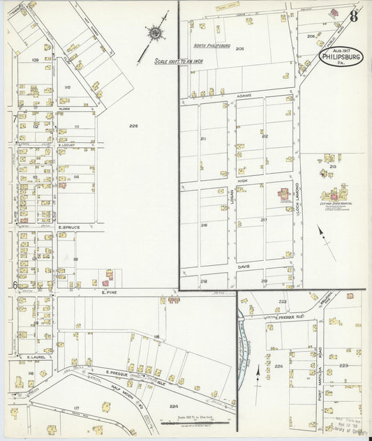 Sanborn Fire Insurance Map from Philipsburg, Centre County, Pennsylvania (1917), Sheet #0008 - Historic Sanborn Fire Insurance Map Print, vintage old map wall art, antique decor, genealogy gift, Pennsylvania Pennsylvania map
