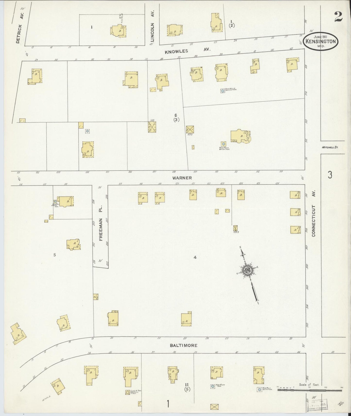 Sanborn Fire Insurance Map from Kensington, Montgomery County, Maryland (1911), Sheet #0002 - Historic Sanborn Fire Insurance Map Print, vintage old map wall art