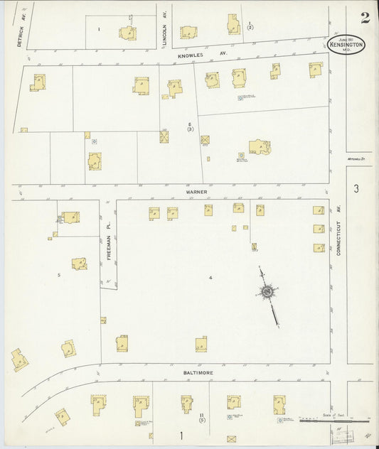 Sanborn Fire Insurance Map from Kensington, Montgomery County, Maryland (1911), Sheet #0002 - Historic Sanborn Fire Insurance Map Print, vintage old map wall art