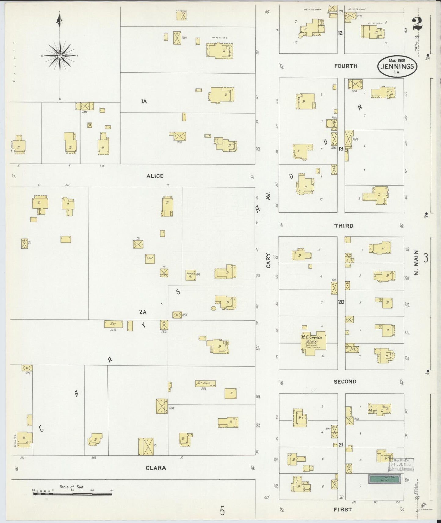 Sanborn Fire Insurance Map from Jennings, Jefferson Davis Parish, Louisiana (1909), Sheet #0002 - Historic Sanborn Fire Insurance Map Print, vintage old map wall art, antique decor, genealogy gift, Louisiana Louisiana map