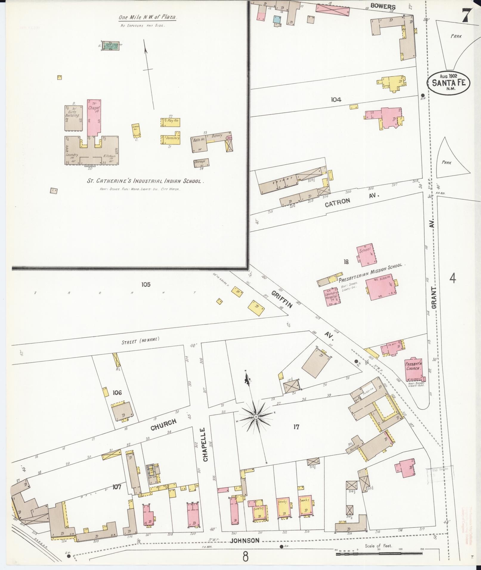 Sanborn Fire Insurance Map from Santa Fe, Santa Fe County, New Mexico (1902), Sheet #0007 - Historic Sanborn Fire Insurance Map Print, vintage old map wall art, antique decor, genealogy gift, New Mexico New Mexico map