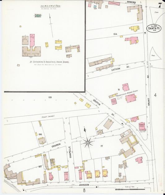 Sanborn Fire Insurance Map from Santa Fe, Santa Fe County, New Mexico (1902), Sheet #0007 - Historic Sanborn Fire Insurance Map Print, vintage old map wall art, antique decor, genealogy gift, New Mexico New Mexico map