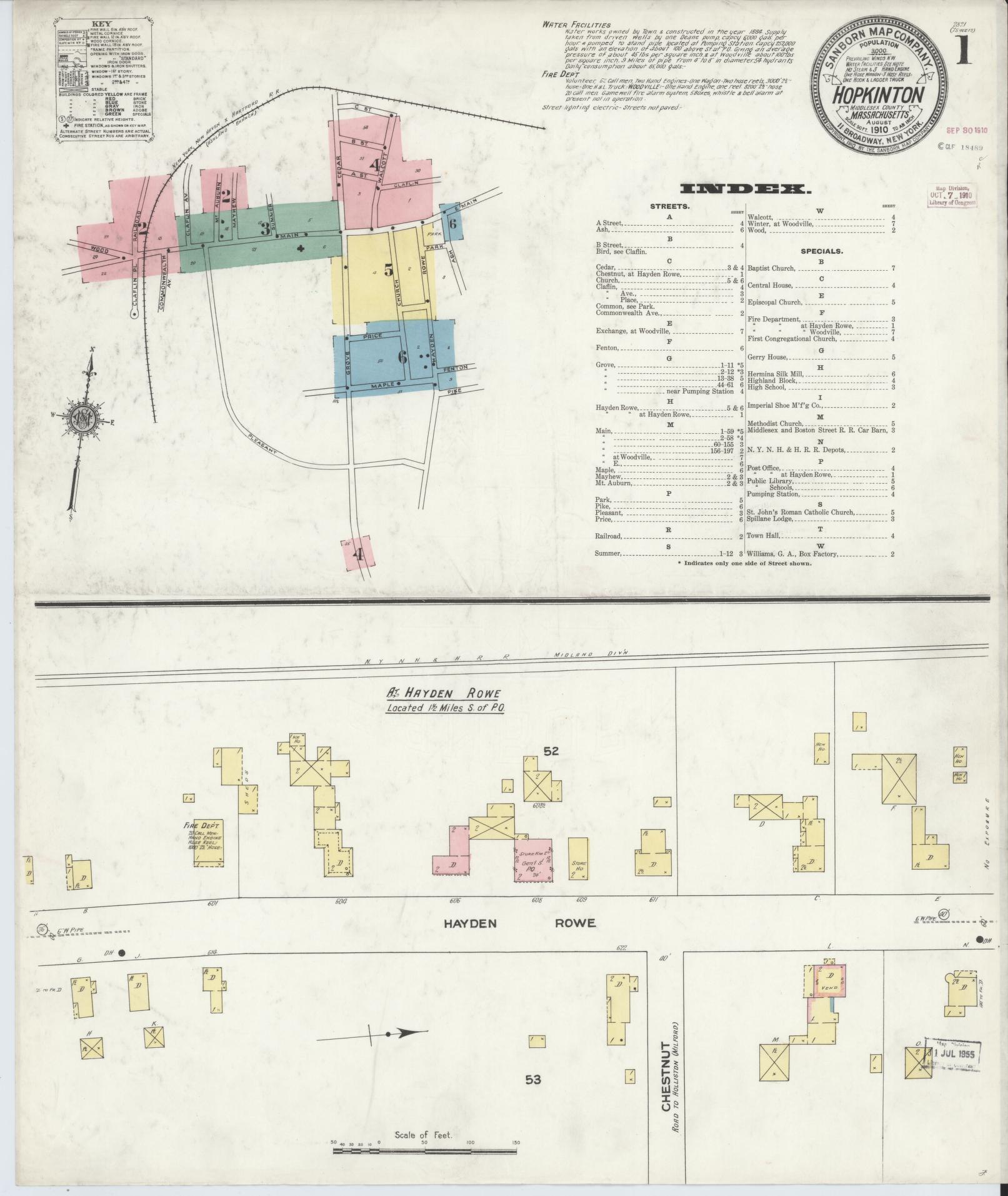 Sanborn Fire Insurance Map from Hopkinton, Middlesex County, Massachusetts (1910), Sheet #0001 - Complete Map Set gallery image, historic Sanborn map, vintage wall art, Massachusetts Massachusetts