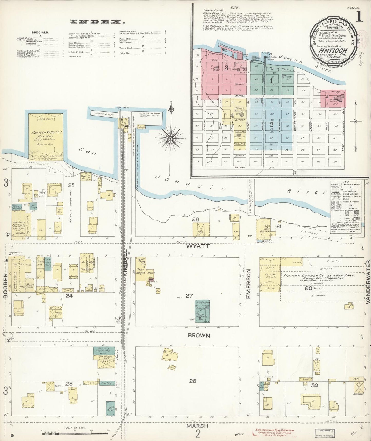 Sanborn Fire Insurance Map from Antioch, Contra Costa County, California (1896), Sheet #0001 - Historic Sanborn Fire Insurance Map Print, vintage old map wall art, antique decor, genealogy gift, California California map