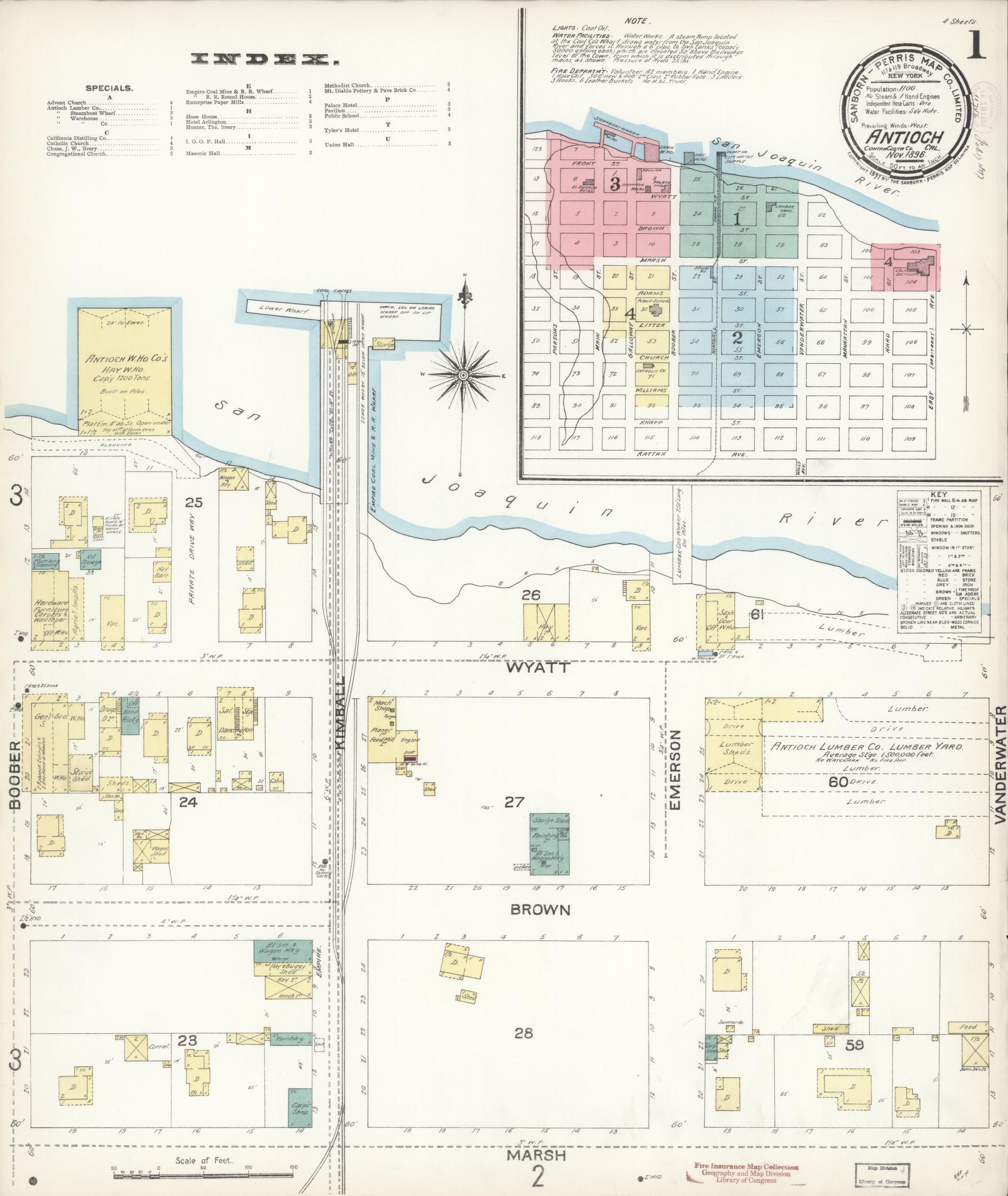 Sanborn Fire Insurance Map from Antioch, Contra Costa County, California (1896), Sheet #0001 - Historic Sanborn Fire Insurance Map Print, vintage old map wall art, antique decor, genealogy gift, California California map