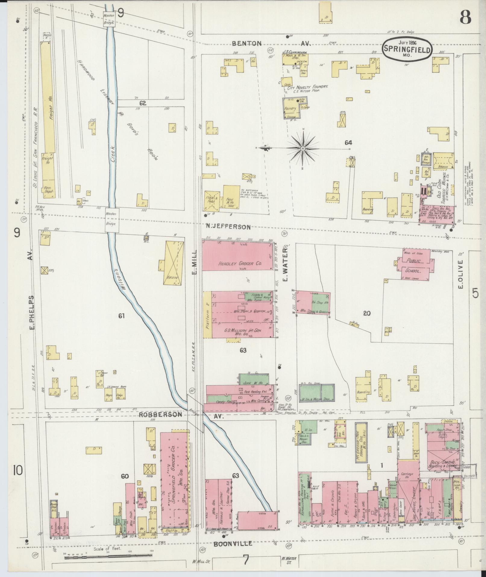 Sanborn Fire Insurance Map from Springfield, Greene County, Missouri (1896), Sheet #0008 - Complete Map Set gallery image, historic Sanborn map, vintage wall art, Missouri Missouri