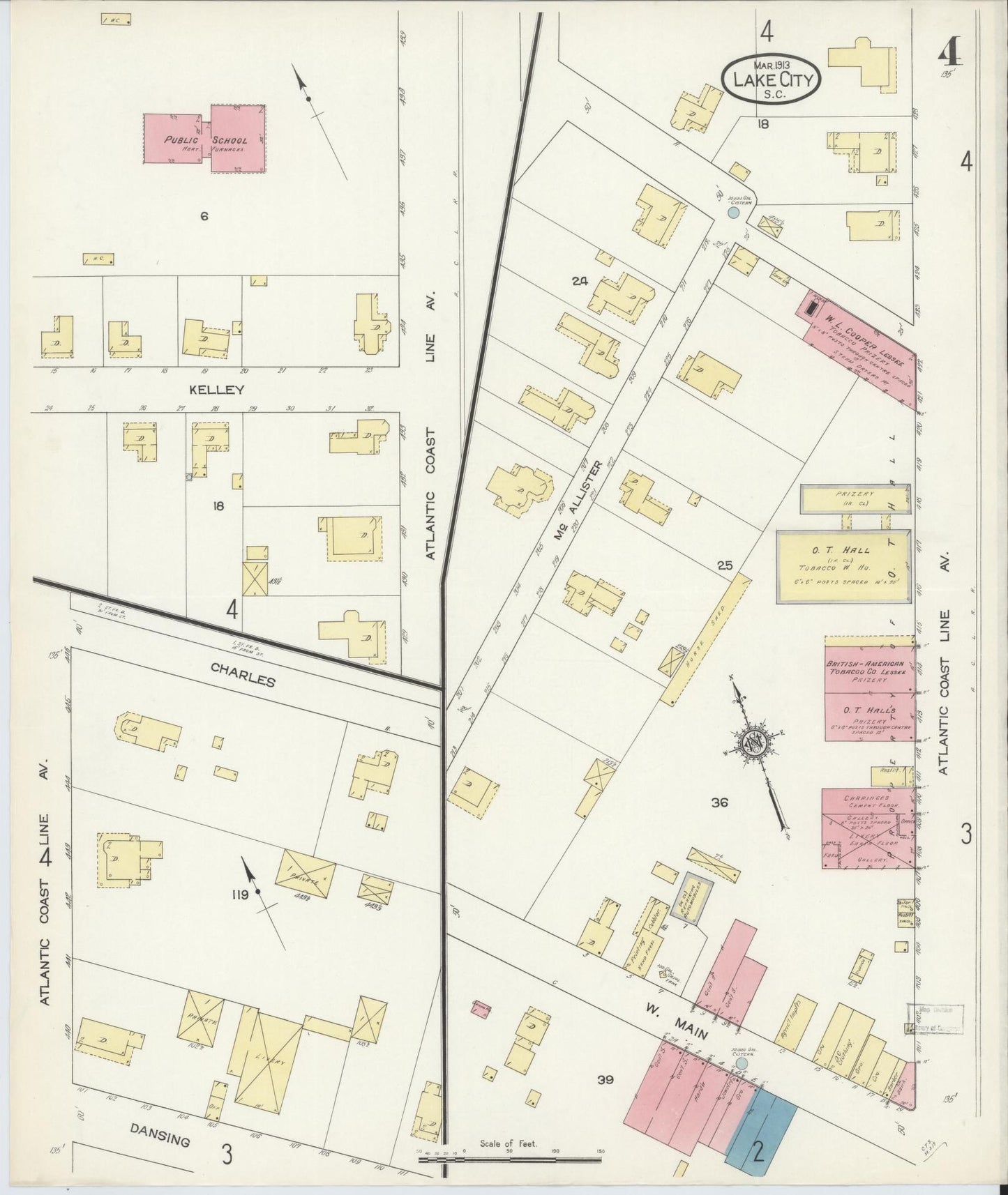 Sanborn Fire Insurance Map from Lake City, Florence County, South Carolina (1913), Sheet #0004 - Complete Map Set gallery image, historic Sanborn map, vintage wall art, South Carolina South Carolina
