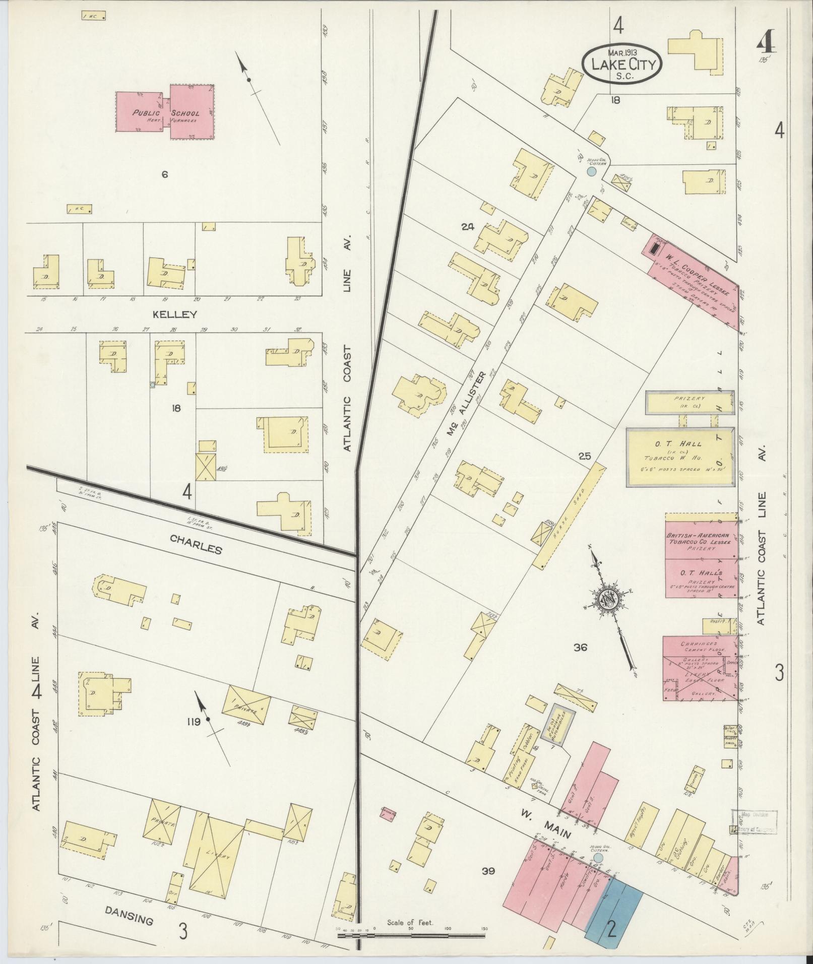 Sanborn Fire Insurance Map from Lake City, Florence County, South Carolina (1913), Sheet #0004 - Complete Map Set gallery image, historic Sanborn map, vintage wall art, South Carolina South Carolina