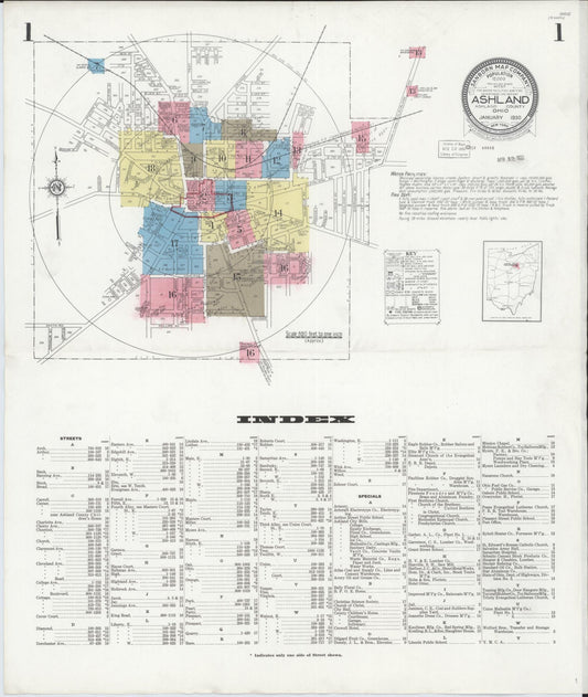Sanborn Fire Insurance Map from Ashland, Ashland County, Ohio (1930), Sheet #0001 - Historic Sanborn Fire Insurance Map Print, vintage old map wall art, antique decor, genealogy gift, Ohio Ohio map