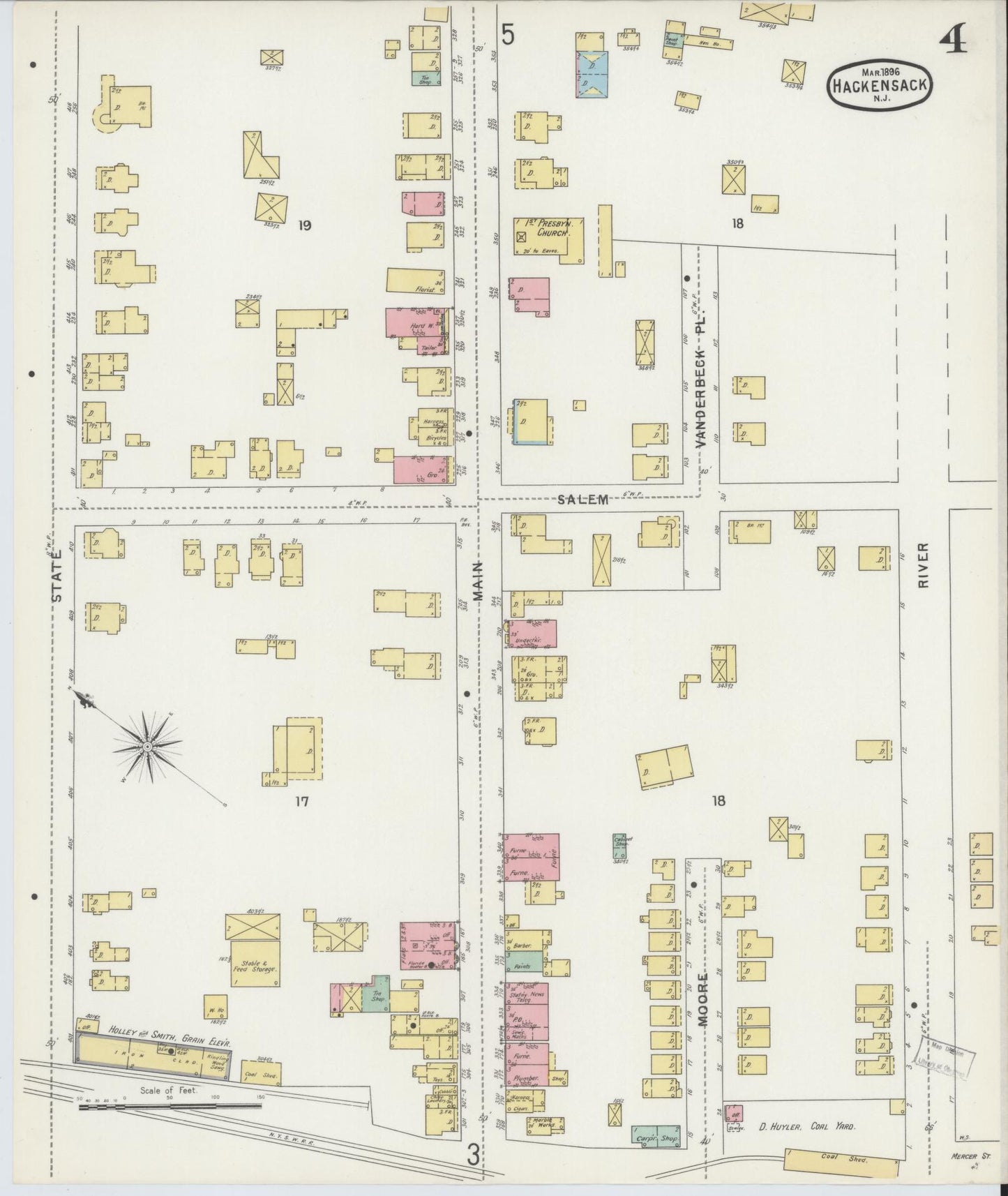 Sanborn Fire Insurance Map from Hackensack, Bergen County, New Jersey (1896), Sheet #0004 - Complete Map Set gallery image, historic Sanborn map, vintage wall art, New Jersey New Jersey