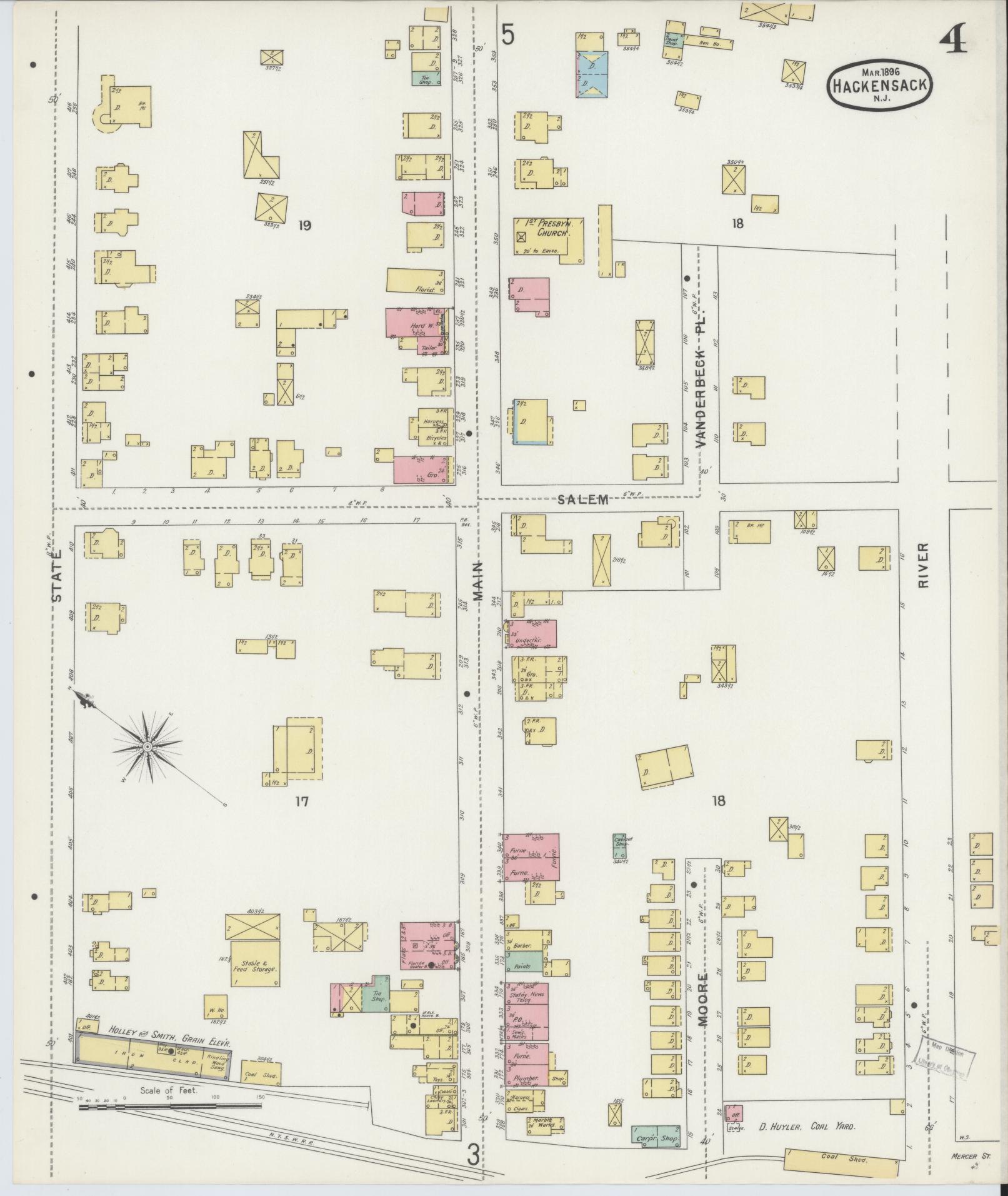 Sanborn Fire Insurance Map from Hackensack, Bergen County, New Jersey (1896), Sheet #0004 - Complete Map Set gallery image, historic Sanborn map, vintage wall art, New Jersey New Jersey