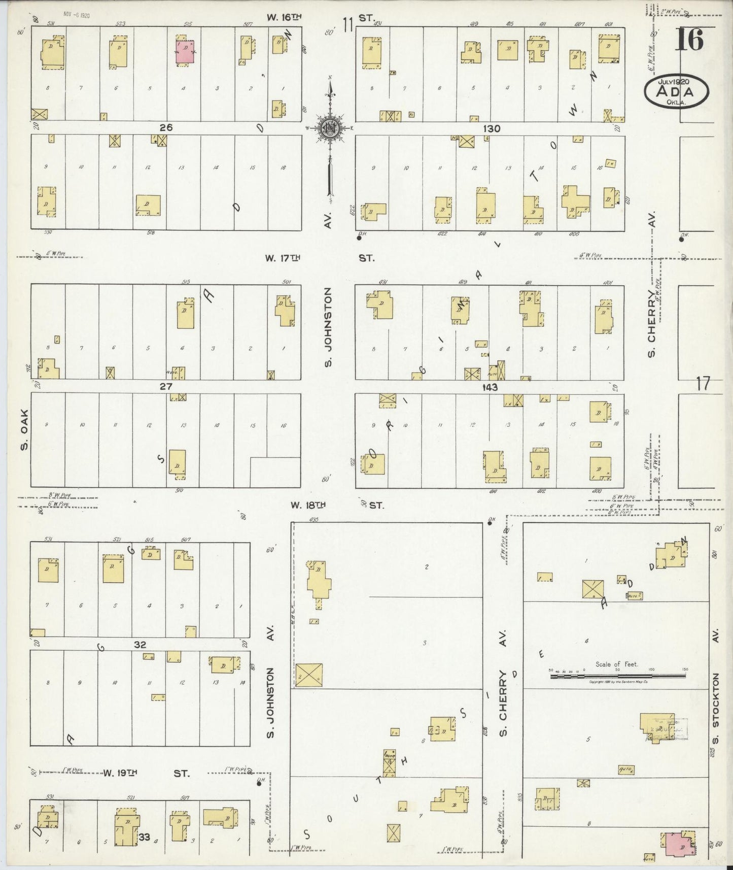 Sanborn Fire Insurance Map from Ada, Pontotoc County, Oklahoma (1920), Sheet #0016 - Complete Map Set gallery image, historic Sanborn map, vintage wall art, Oklahoma Oklahoma