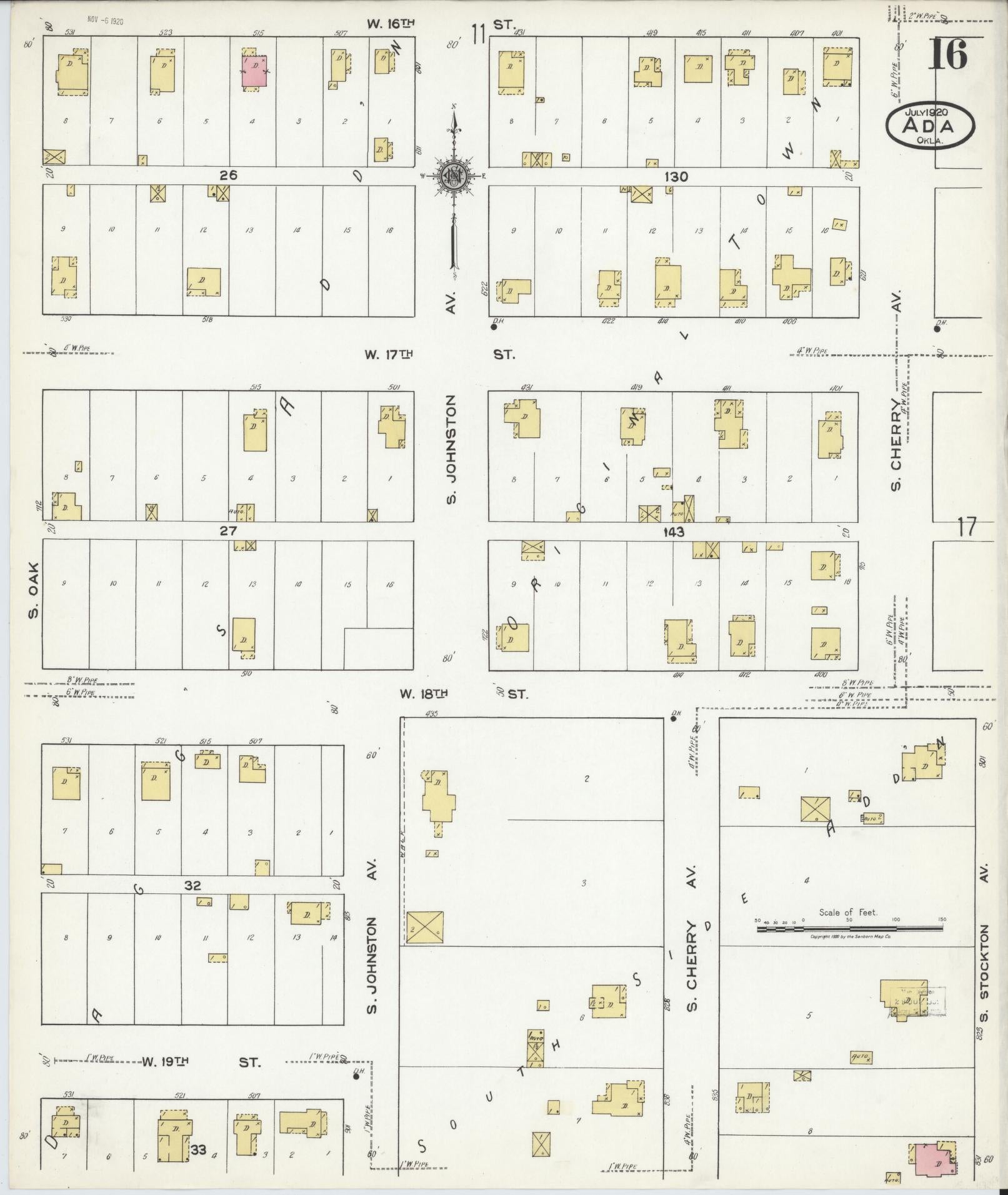Sanborn Fire Insurance Map from Ada, Pontotoc County, Oklahoma (1920), Sheet #0016 - Complete Map Set gallery image, historic Sanborn map, vintage wall art, Oklahoma Oklahoma