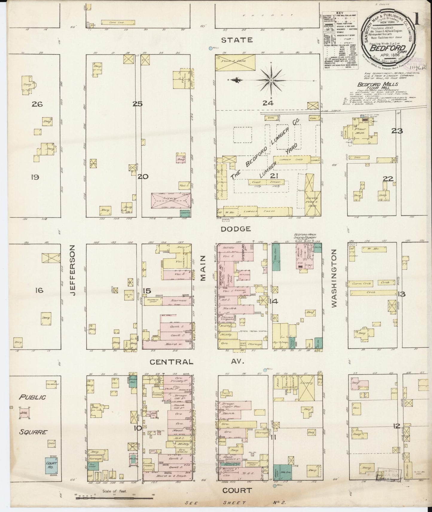 Sanborn Fire Insurance Map from Bedford, Taylor County, Iowa (1886), Sheet #0001 - Historic Sanborn Fire Insurance Map Print, vintage old map wall art
