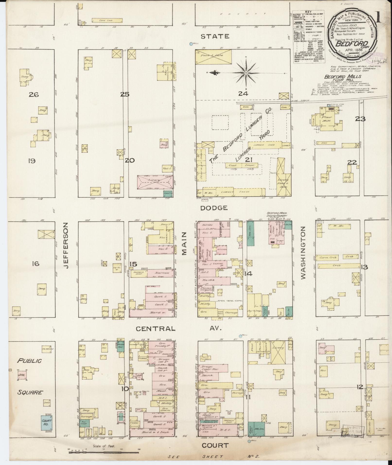 Sanborn Fire Insurance Map from Bedford, Taylor County, Iowa (1886), Sheet #0001 - Historic Sanborn Fire Insurance Map Print, vintage old map wall art