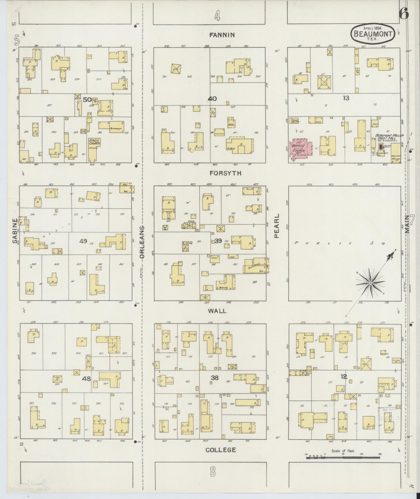 Sanborn Fire Insurance Map from Beaumont, Jefferson County, Texas (1894), Sheet #0006 - Complete Map Set gallery image, historic Sanborn map, vintage wall art, Texas Texas