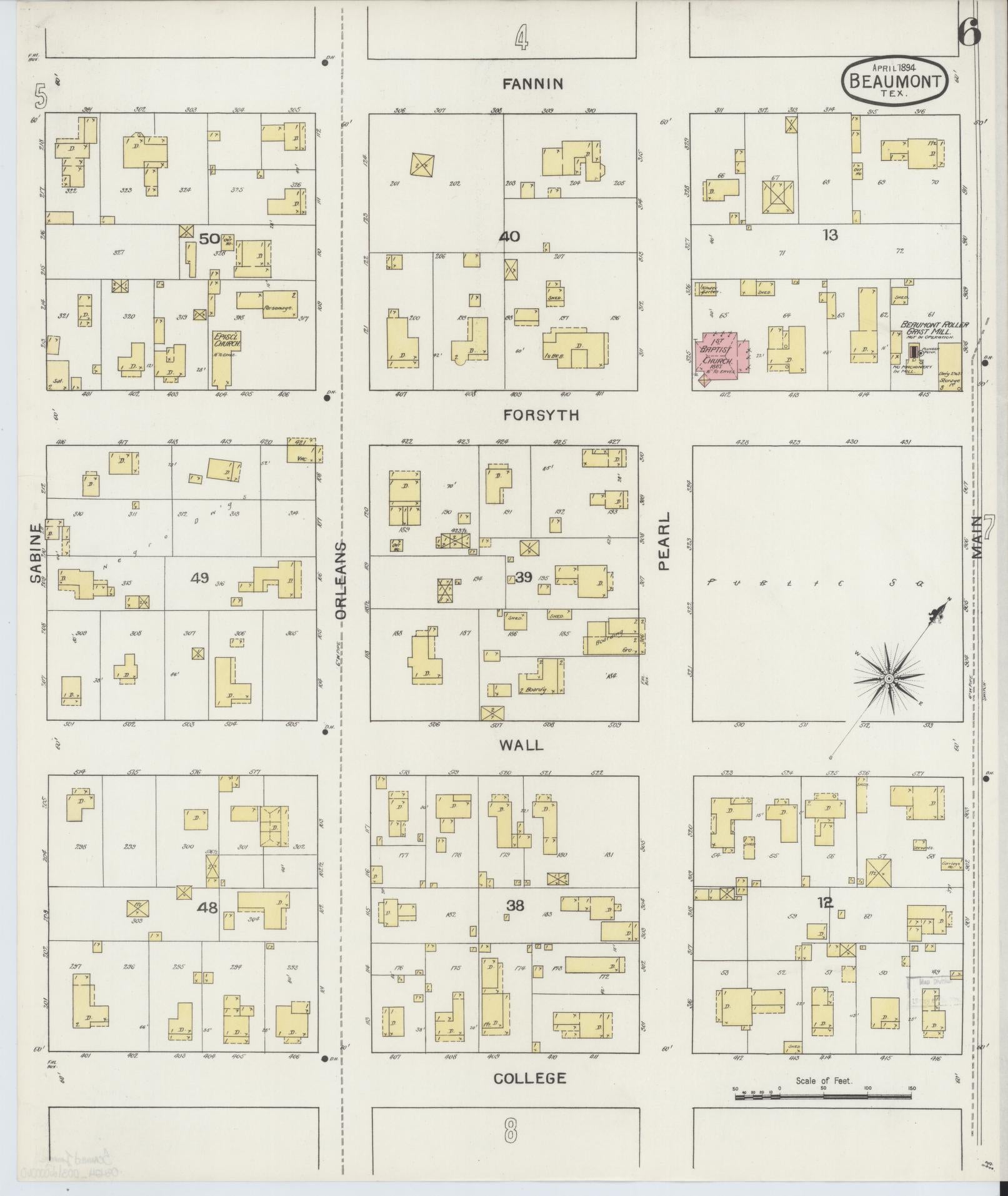 Sanborn Fire Insurance Map from Beaumont, Jefferson County, Texas (1894), Sheet #0006 - Complete Map Set gallery image, historic Sanborn map, vintage wall art, Texas Texas