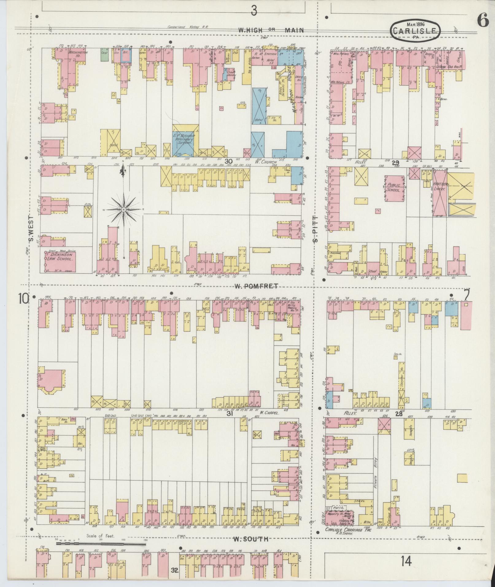 Sanborn Fire Insurance Map from Carlisle, Cumberland County, Pennsylvania (1896), Sheet #0006 - Historic Sanborn Fire Insurance Map Print, vintage old map wall art, antique decor, genealogy gift, Pennsylvania Pennsylvania map