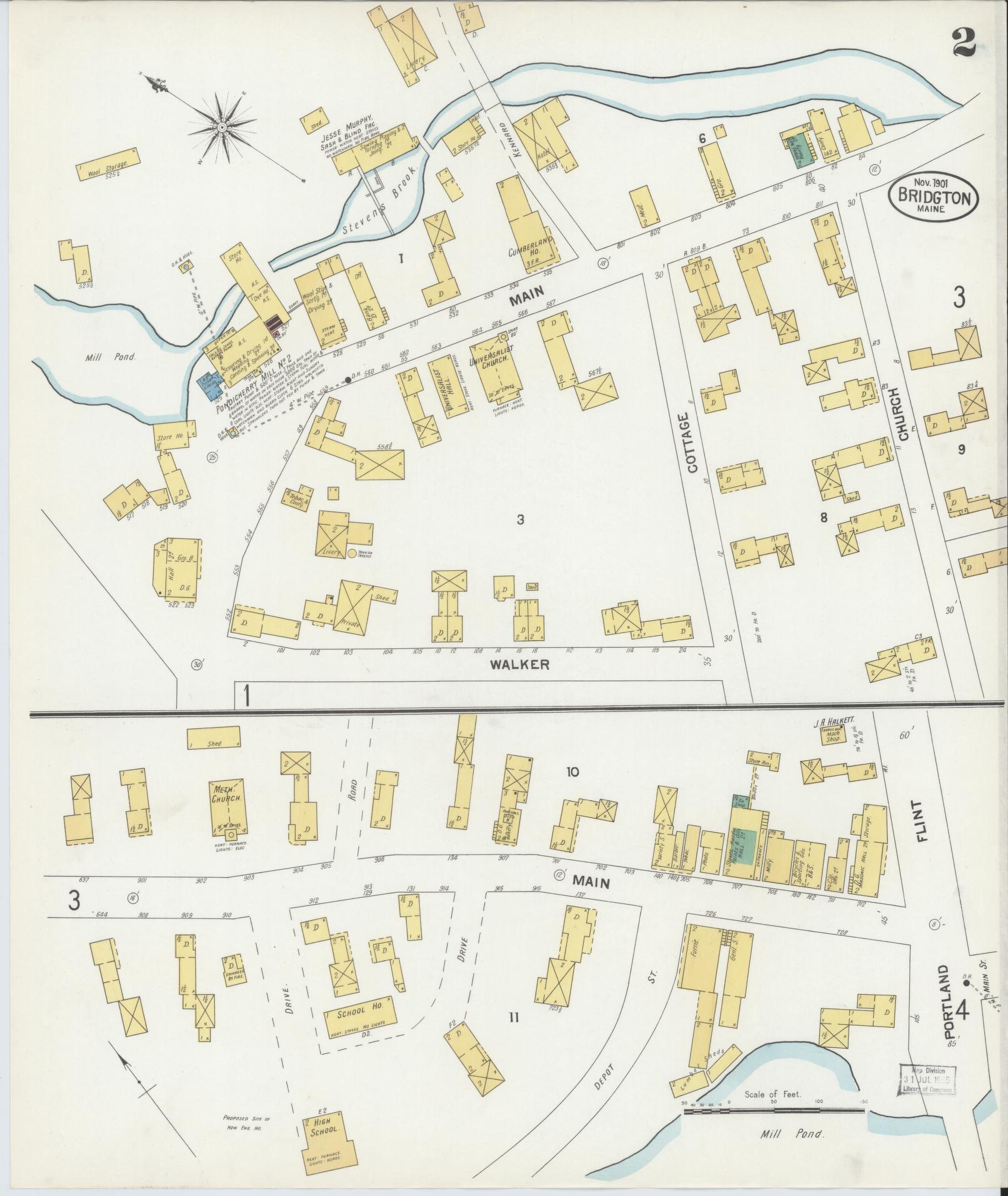 Sanborn Fire Insurance Map from Bridgton, Cumberland County, Maine (1901), Sheet #0002 - Historic Sanborn Fire Insurance Map Print, vintage old map wall art, antique decor, genealogy gift, Maine Maine map