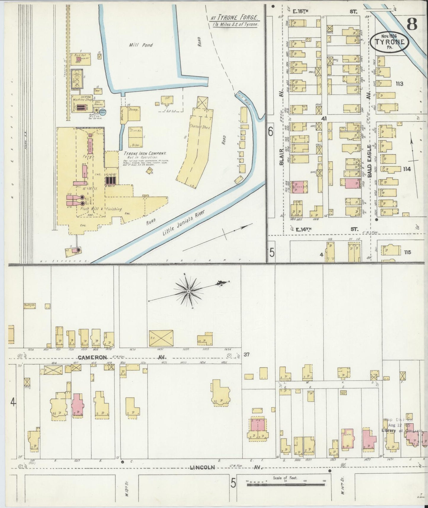 Sanborn Fire Insurance Map from Tyrone, Blair County, Pennsylvania (1906), Sheet #0008 - Complete Map Set gallery image, historic Sanborn map, vintage wall art, Pennsylvania Pennsylvania