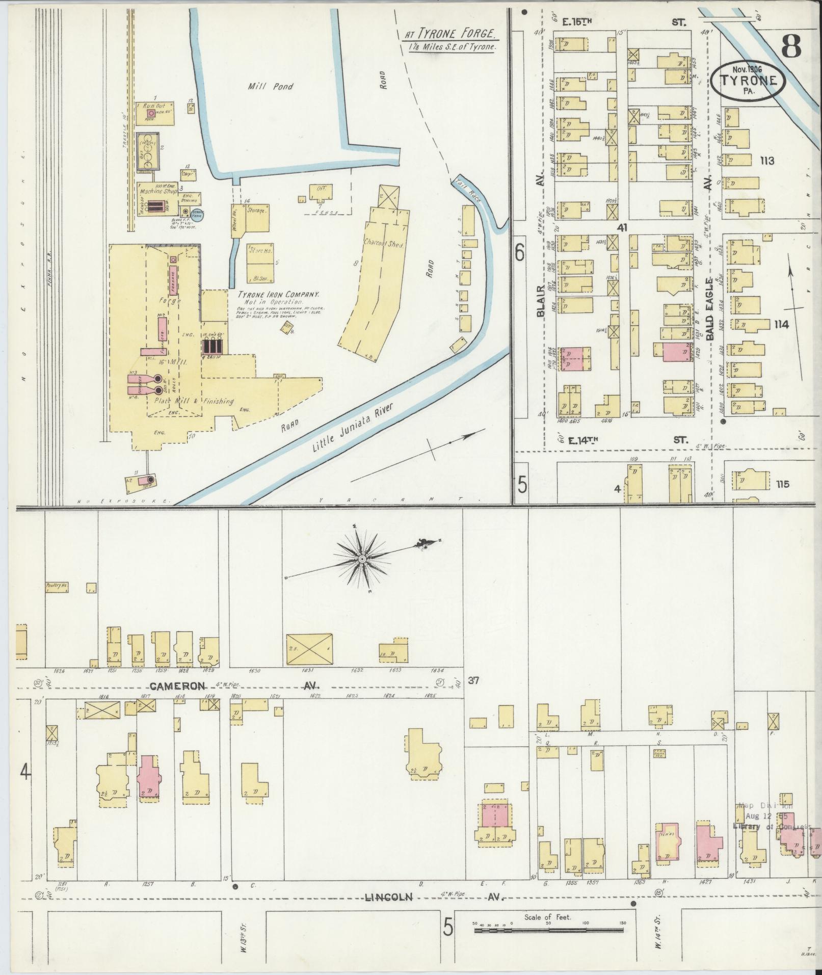 Sanborn Fire Insurance Map from Tyrone, Blair County, Pennsylvania (1906), Sheet #0008 - Complete Map Set gallery image, historic Sanborn map, vintage wall art, Pennsylvania Pennsylvania