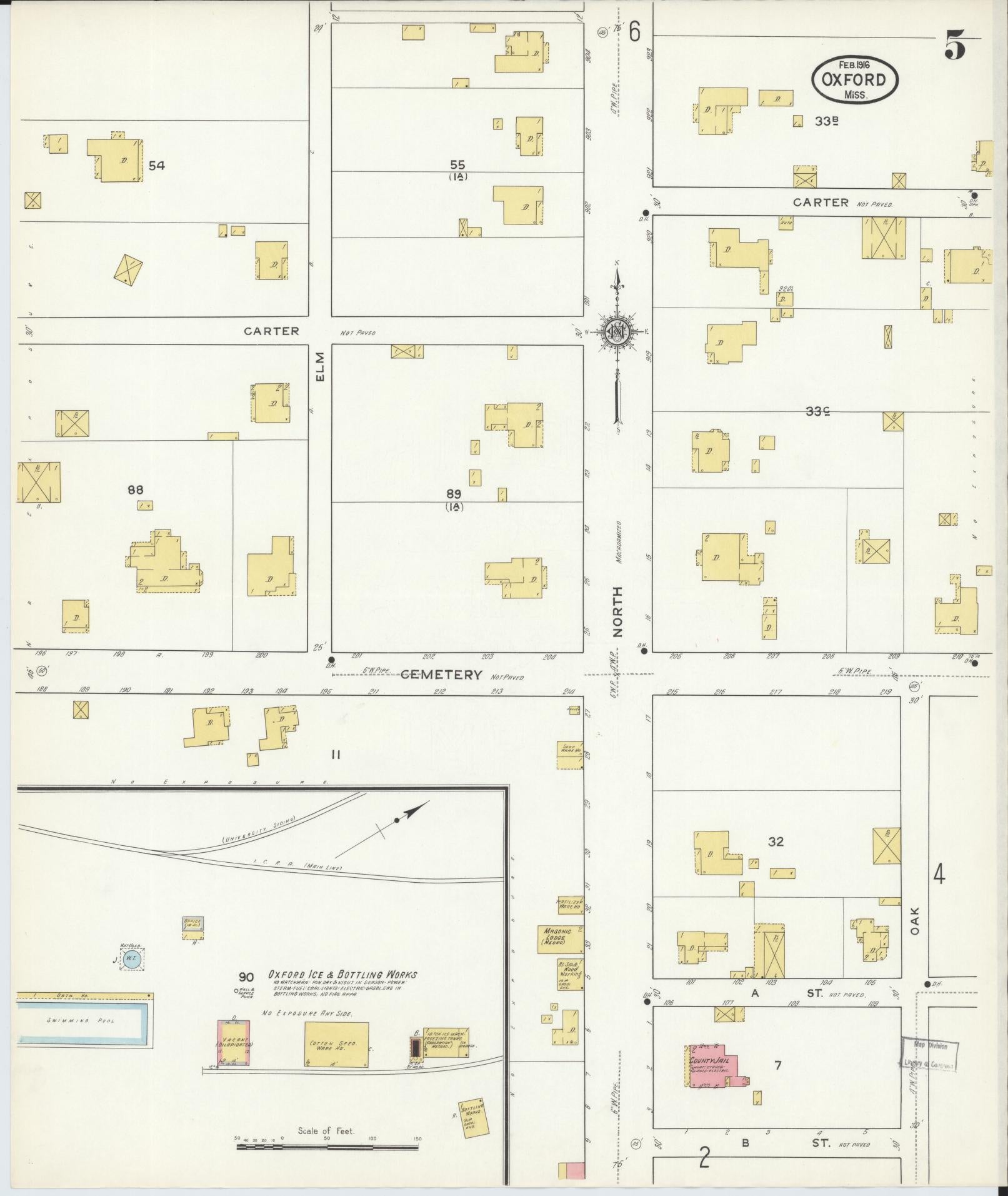 Sanborn Fire Insurance Map from Oxford, Lafayette County, Mississippi (1916), Sheet #0005 - Historic Sanborn Fire Insurance Map Print, vintage old map wall art, antique decor, genealogy gift, Mississippi Mississippi map