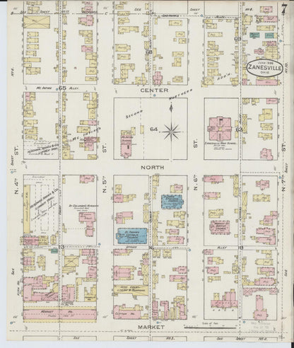 Sanborn Fire Insurance Map from Zanesville, Muskingum County, Ohio (1886), Sheet #0007 - Complete Map Set gallery image, historic Sanborn map, vintage wall art, Ohio Ohio