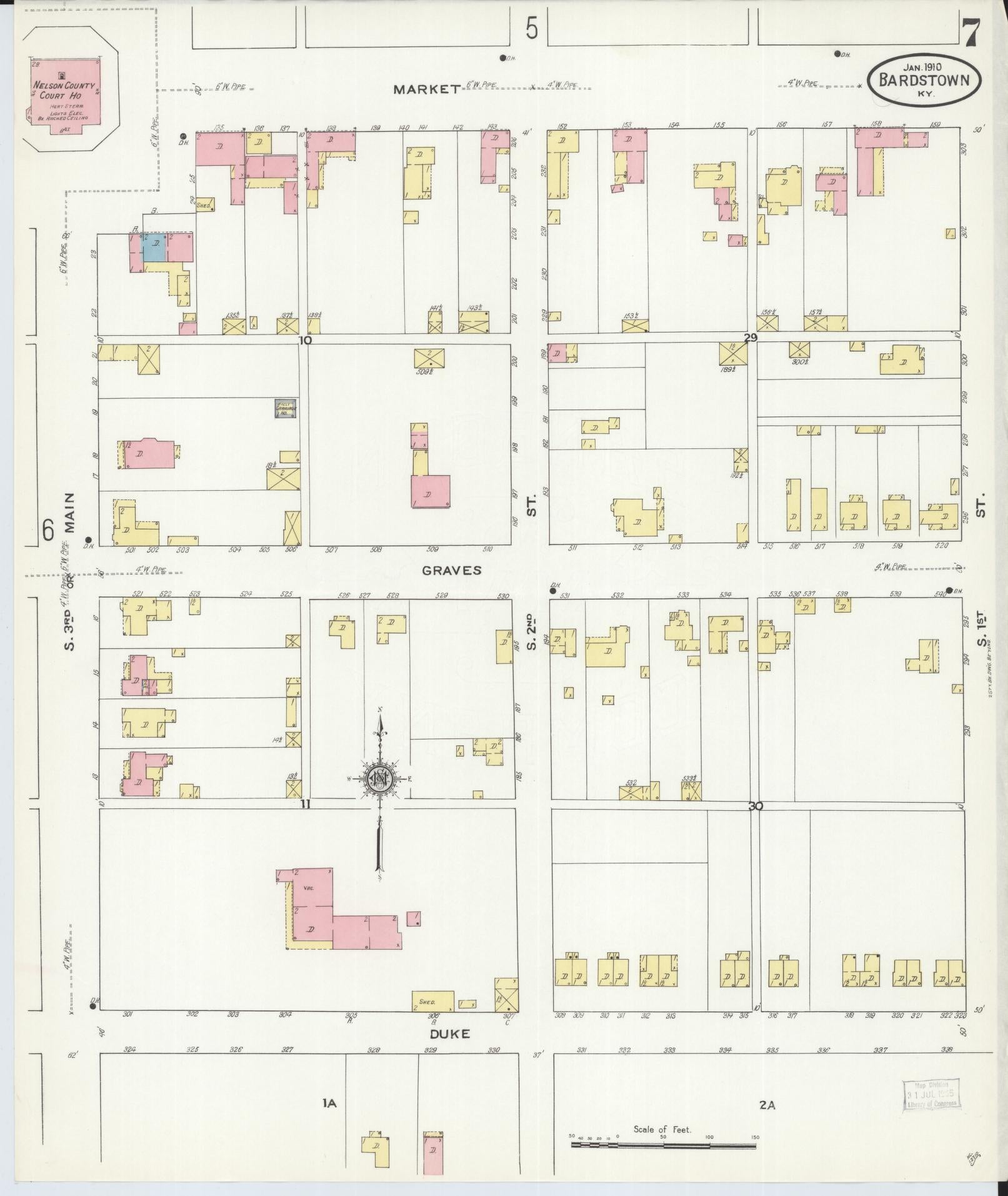 Sanborn Fire Insurance Map from Bardstown, Nelson County, Kentucky (1910), Sheet #0007 - Complete Map Set gallery image, historic Sanborn map, vintage wall art, Kentucky Kentucky