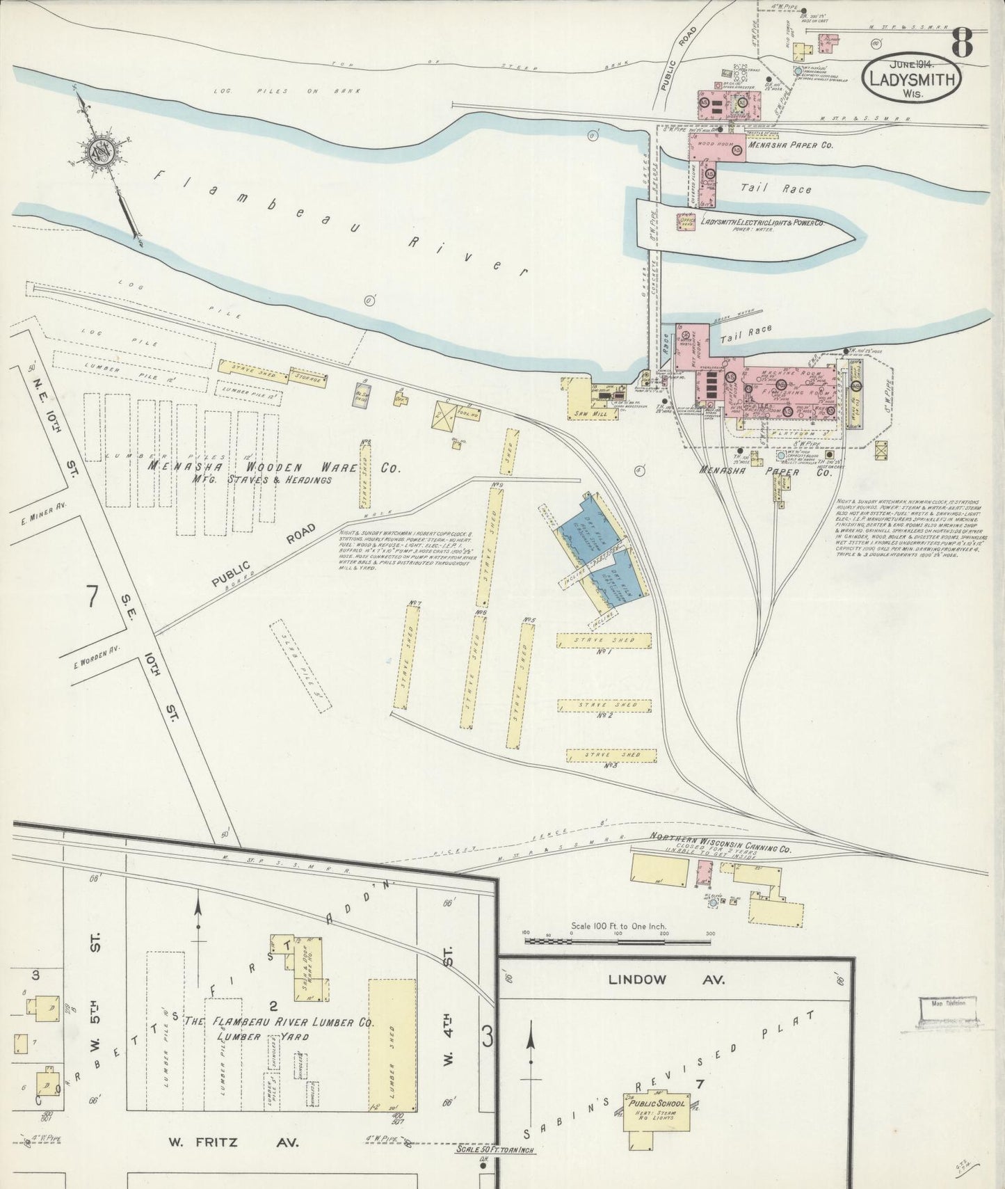 Sanborn Fire Insurance Map from Ladysmith, Rusk County, Wisconsin (1914), Sheet #0008 - Historic Sanborn Fire Insurance Map Print, vintage old map wall art, antique decor, genealogy gift, Wisconsin Wisconsin map