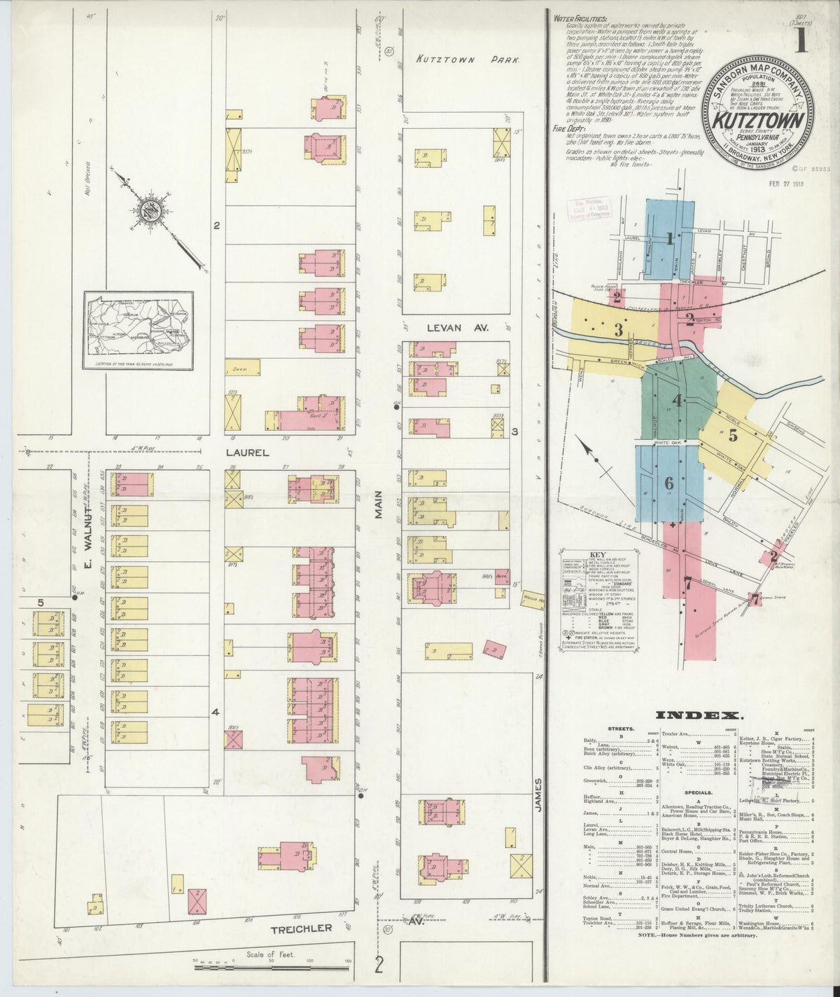 Sanborn Fire Insurance Map from Kutztown, Berks County, Pennsylvania (1913), Sheet #0001 - Historic Sanborn Fire Insurance Map Print, vintage old map wall art, antique decor, genealogy gift, Pennsylvania Pennsylvania map