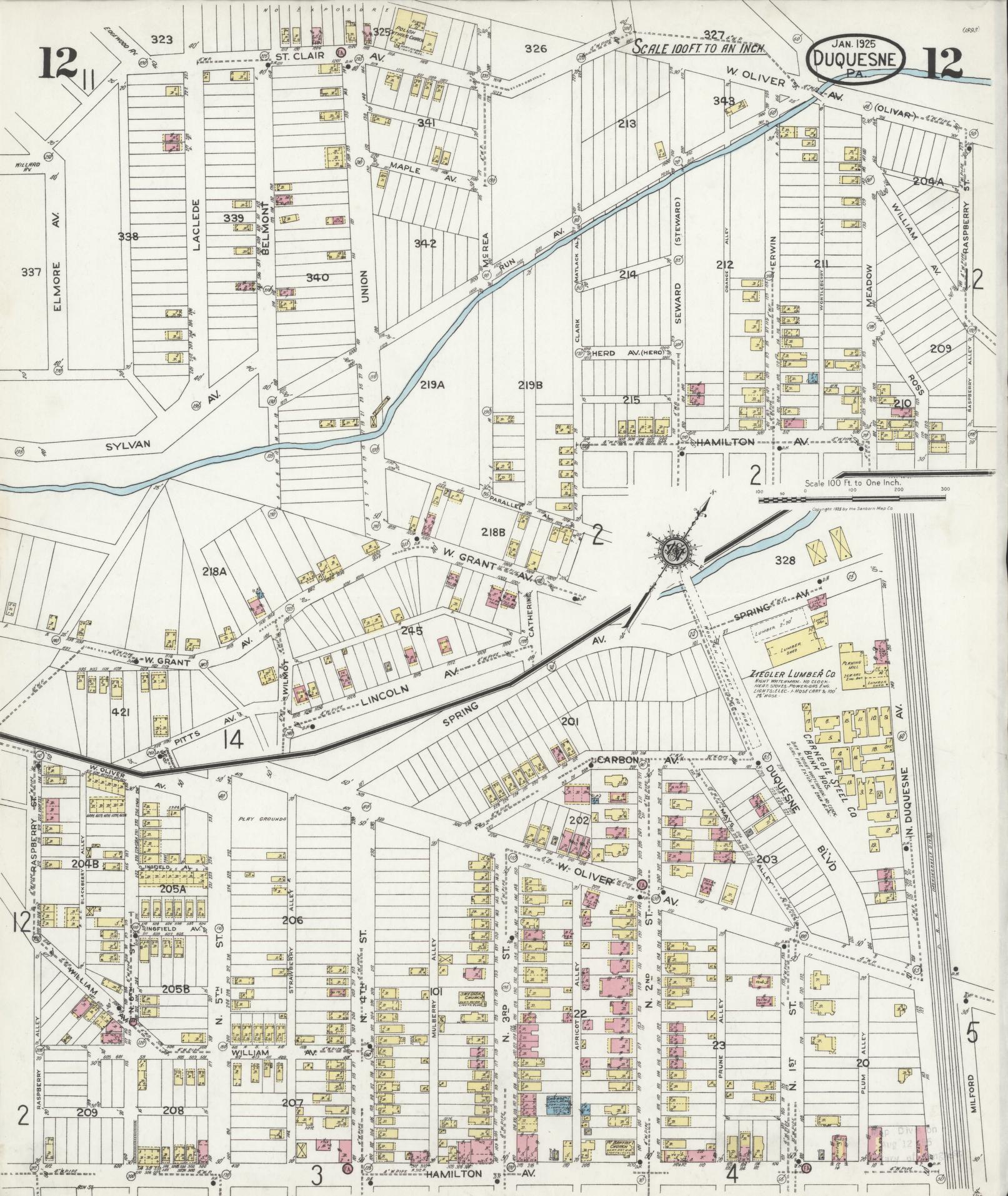 Sanborn Fire Insurance Map from Duquesne, Allegheny County, Pennsylvania (1925), Sheet #0012 - Historic Sanborn Fire Insurance Map Print, vintage old map wall art, antique decor, genealogy gift, Pennsylvania Pennsylvania map