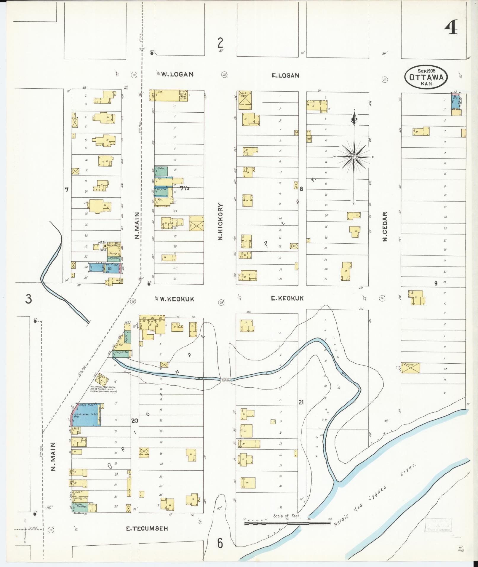 Sanborn Fire Insurance Map from Ottawa, Franklin County, Kansas (1905), Sheet #0004 - Historic Sanborn Fire Insurance Map Print, vintage old map wall art, antique decor, genealogy gift, Kansas Kansas map