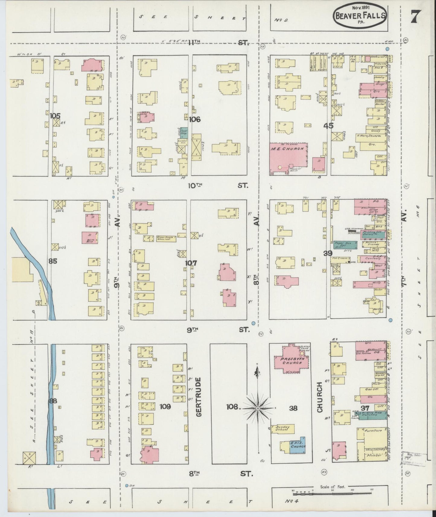 Sanborn Fire Insurance Map from Beaver Falls, Beaver County, Pennsylvania (1891), Sheet #0007 - Historic Sanborn Fire Insurance Map Print, vintage old map wall art, antique decor, genealogy gift, Pennsylvania Pennsylvania map