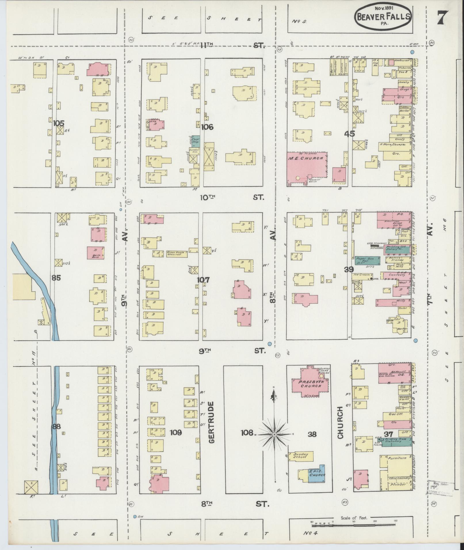 Sanborn Fire Insurance Map from Beaver Falls, Beaver County, Pennsylvania (1891), Sheet #0007 - Historic Sanborn Fire Insurance Map Print, vintage old map wall art, antique decor, genealogy gift, Pennsylvania Pennsylvania map