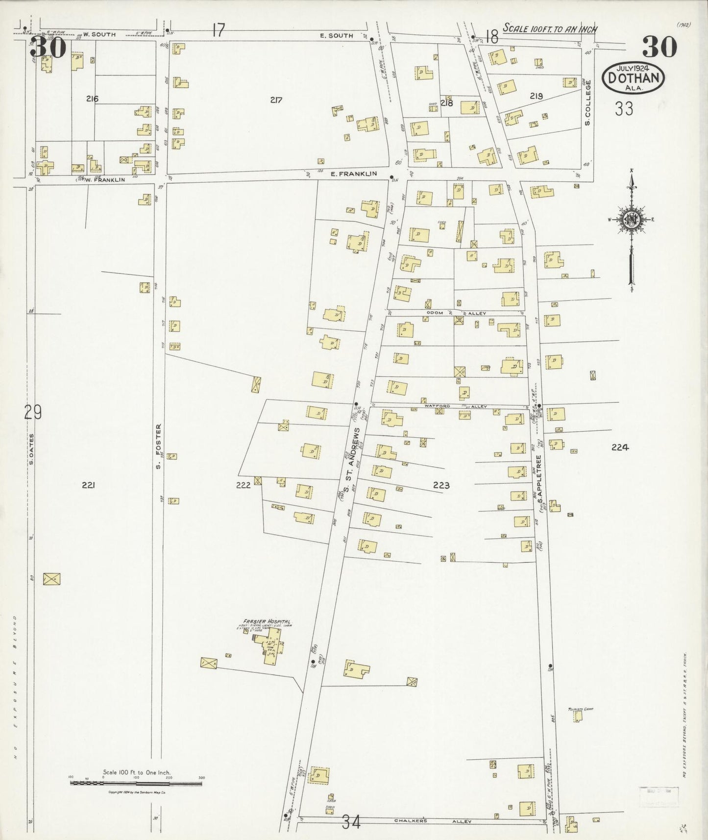 Sanborn Fire Insurance Map from Dothan, Houston County, Alabama (1924), Sheet #0030 - Historic Sanborn Fire Insurance Map Print, vintage old map wall art, antique decor, genealogy gift, Alabama Alabama map