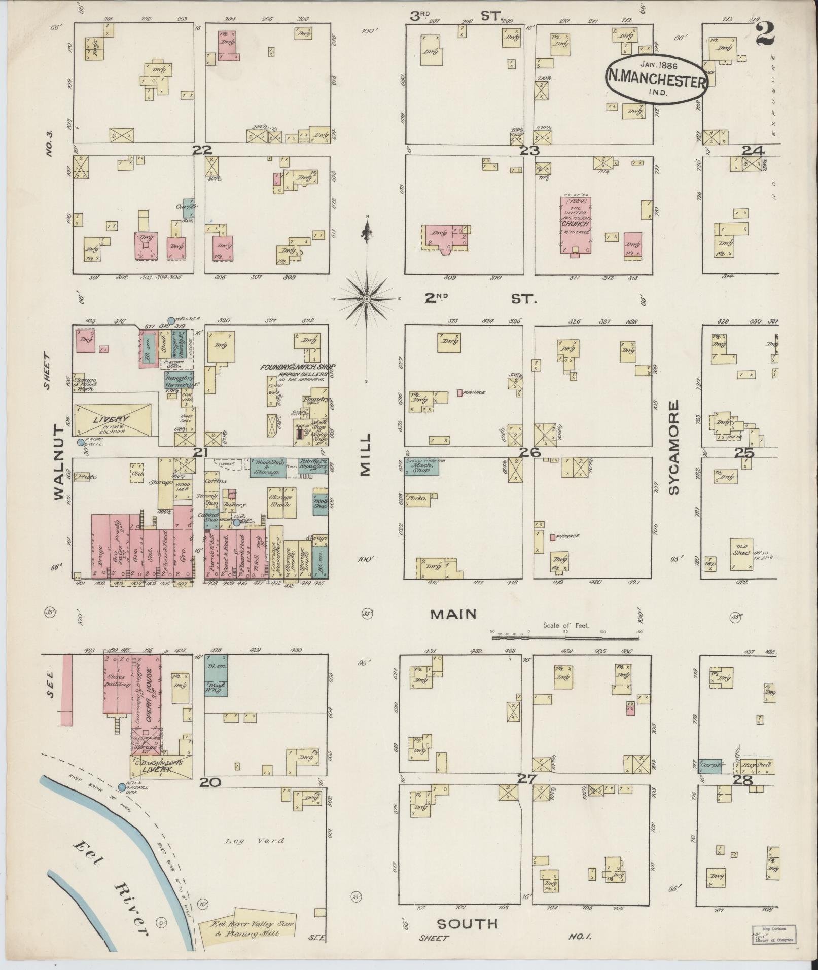 Sanborn Fire Insurance Map from North Manchester, Wabash County, Indiana (1886), Sheet #0002 - Complete Map Set gallery image, historic Sanborn map, vintage wall art, Indiana Indiana